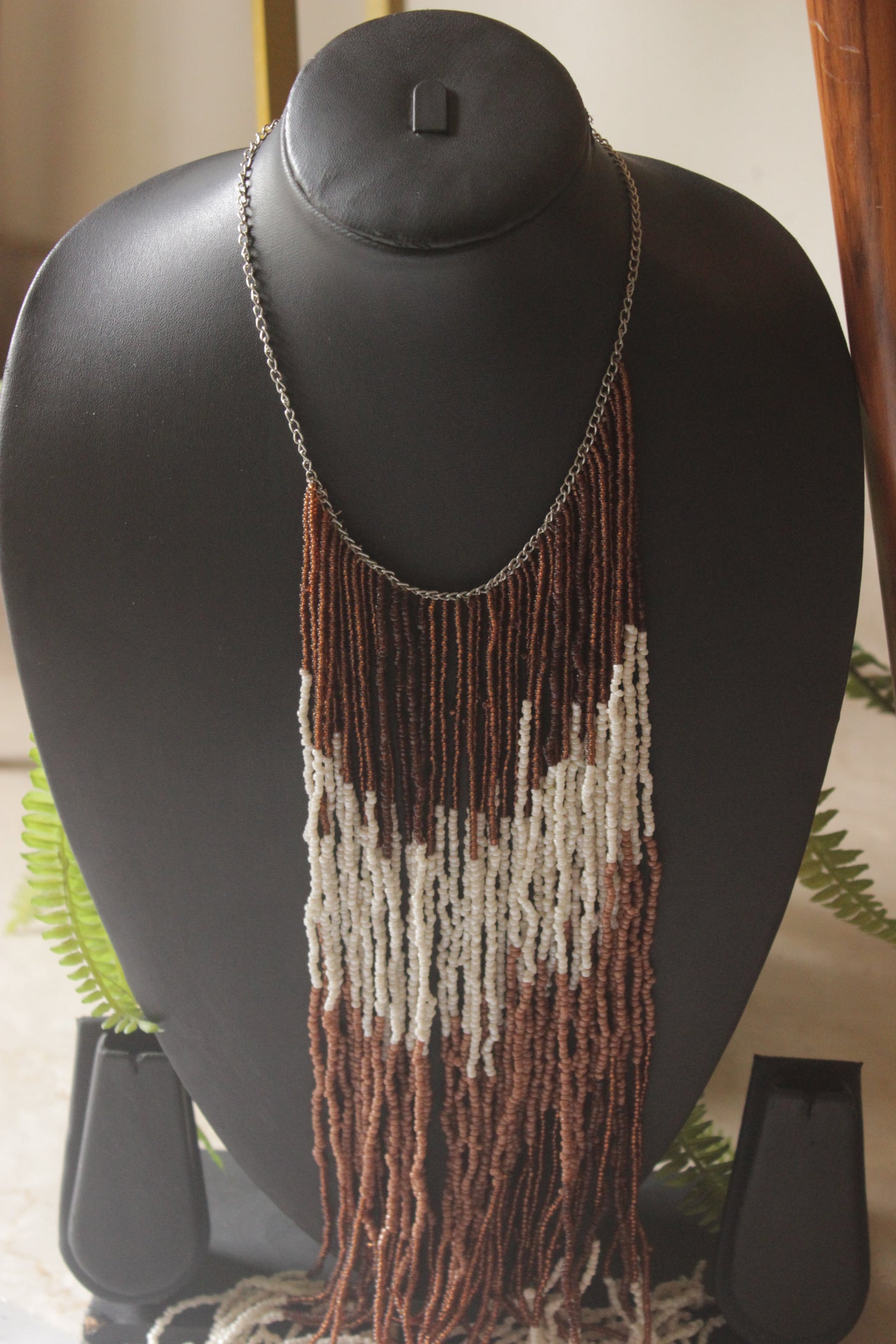 White and Bronze Seed Beads Long Fringe Waterfall Necklace