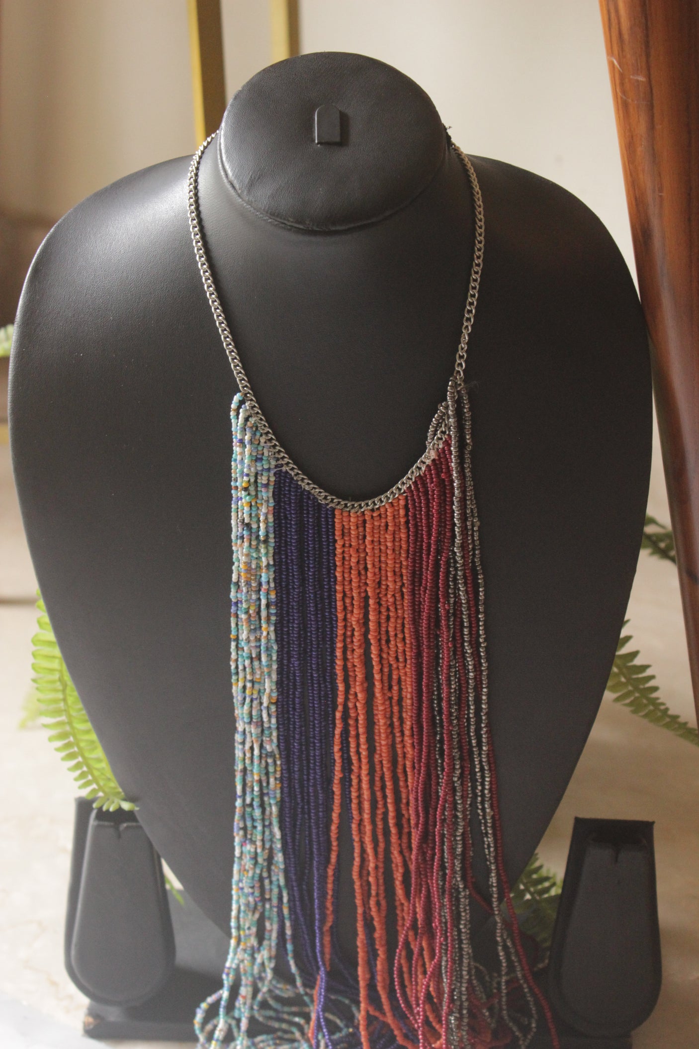 Multi-Color Seed Beads Long Fringe Waterfall Necklace