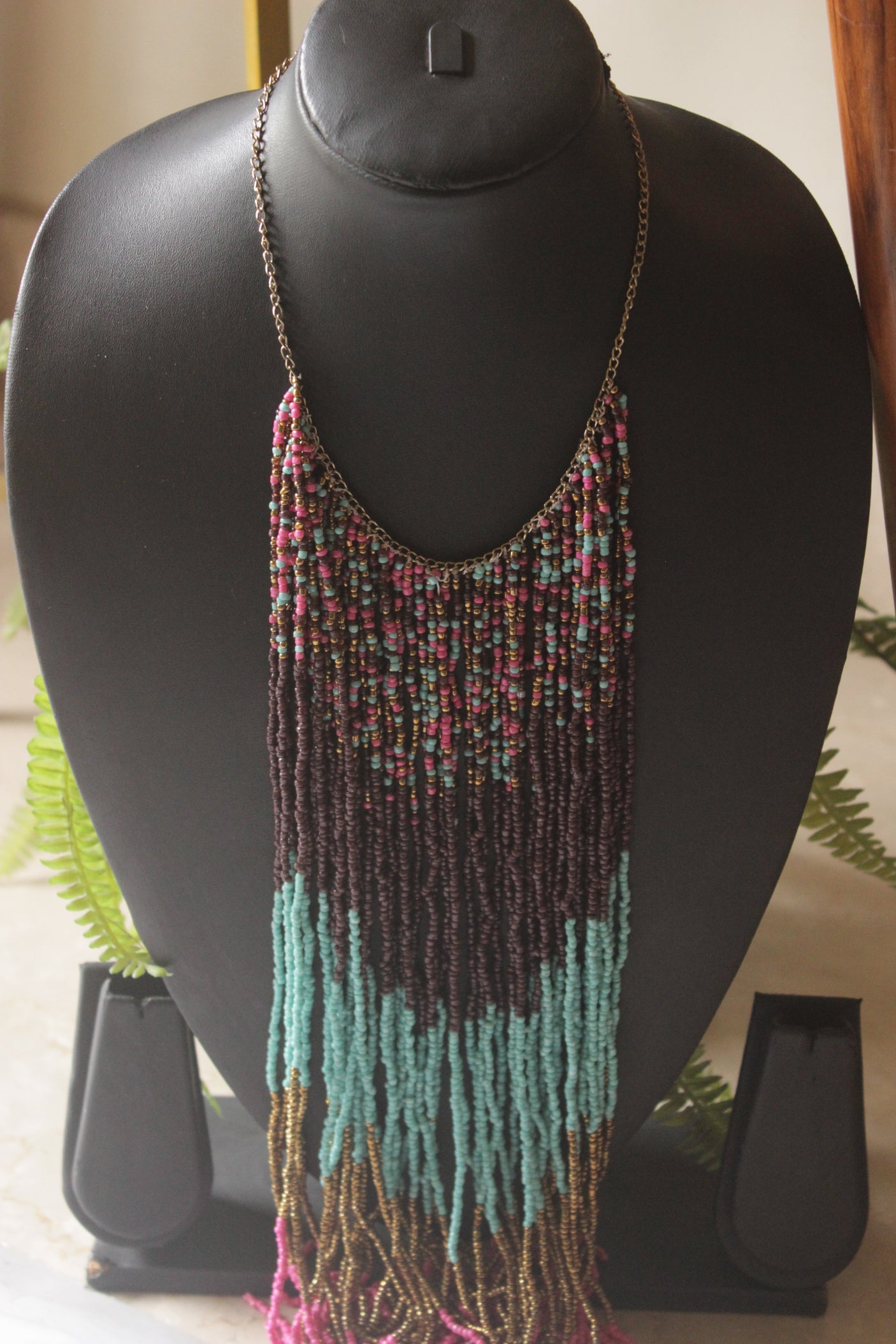 Color Blocked Multi-Color Seed Beads Long Fringe Waterfall Necklace