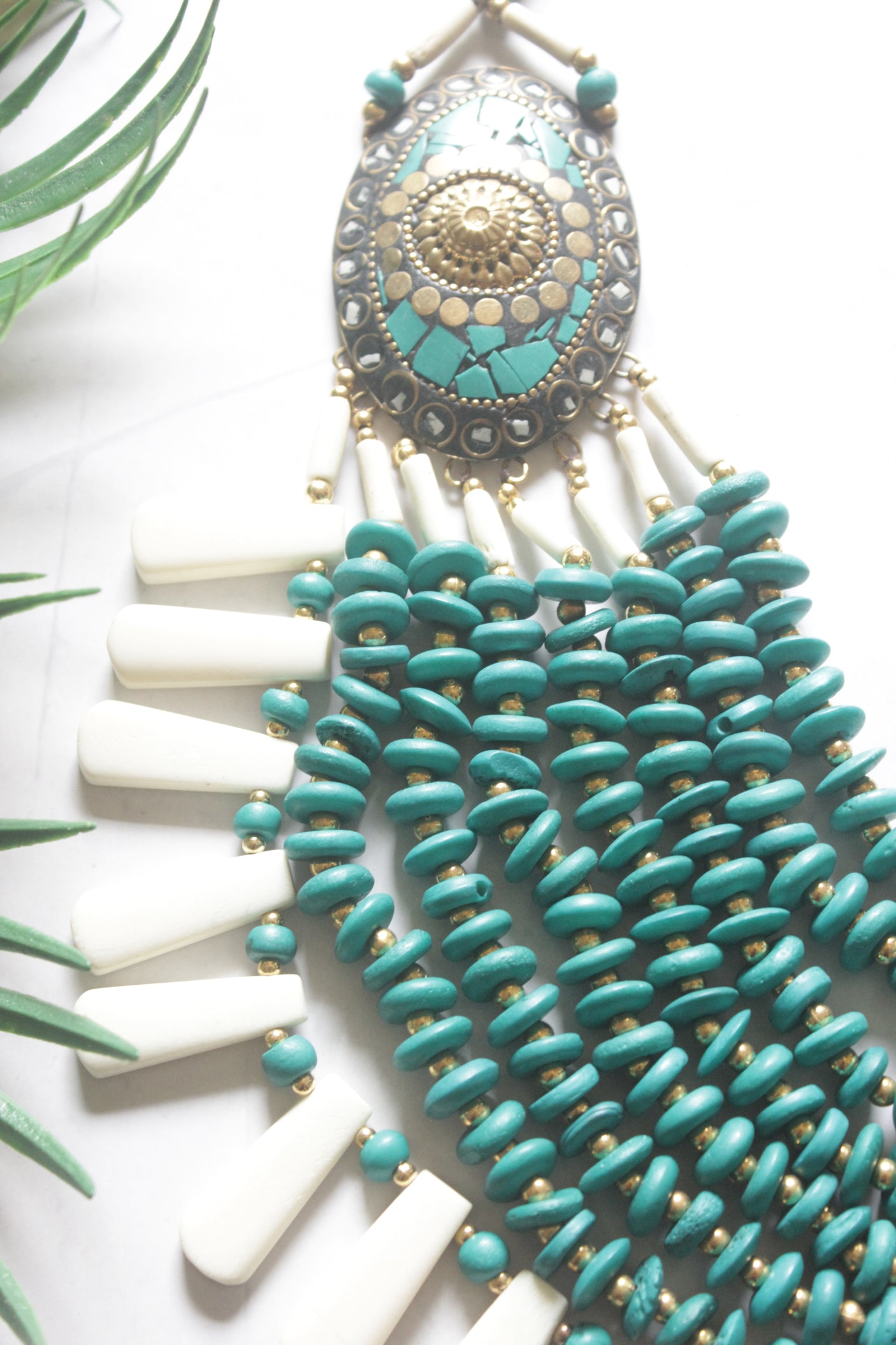 Turquoise and Off-White Bone Beads Quirky Statement Necklace