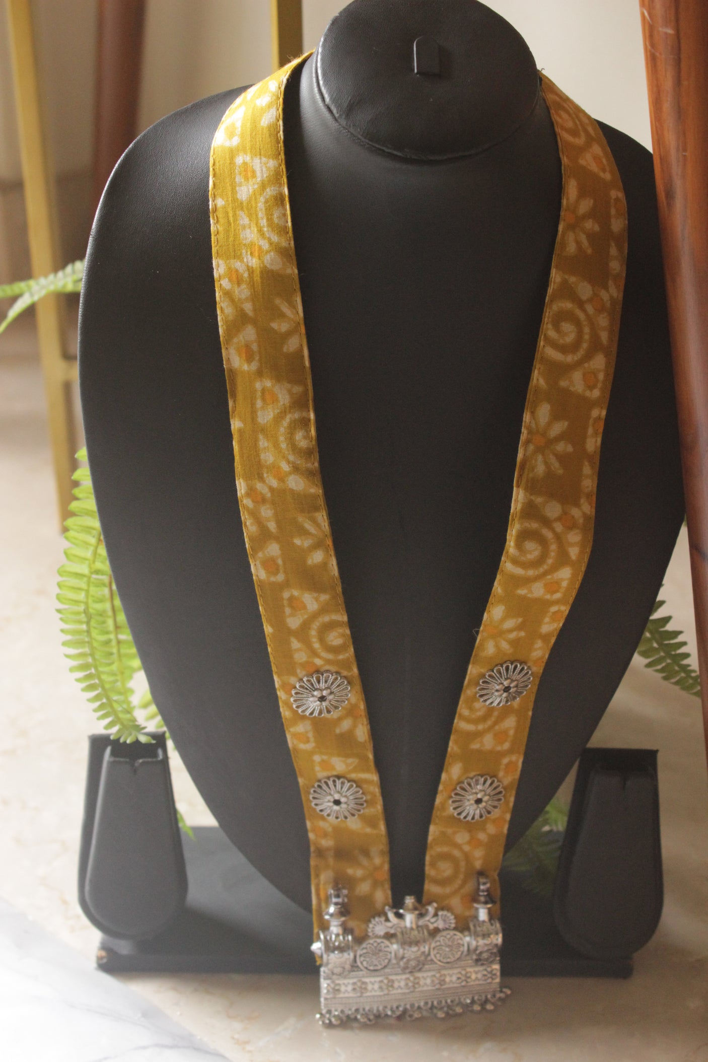 Yellow Bandhani Fabric Necklace with Oxidised Silver Temple Pendant