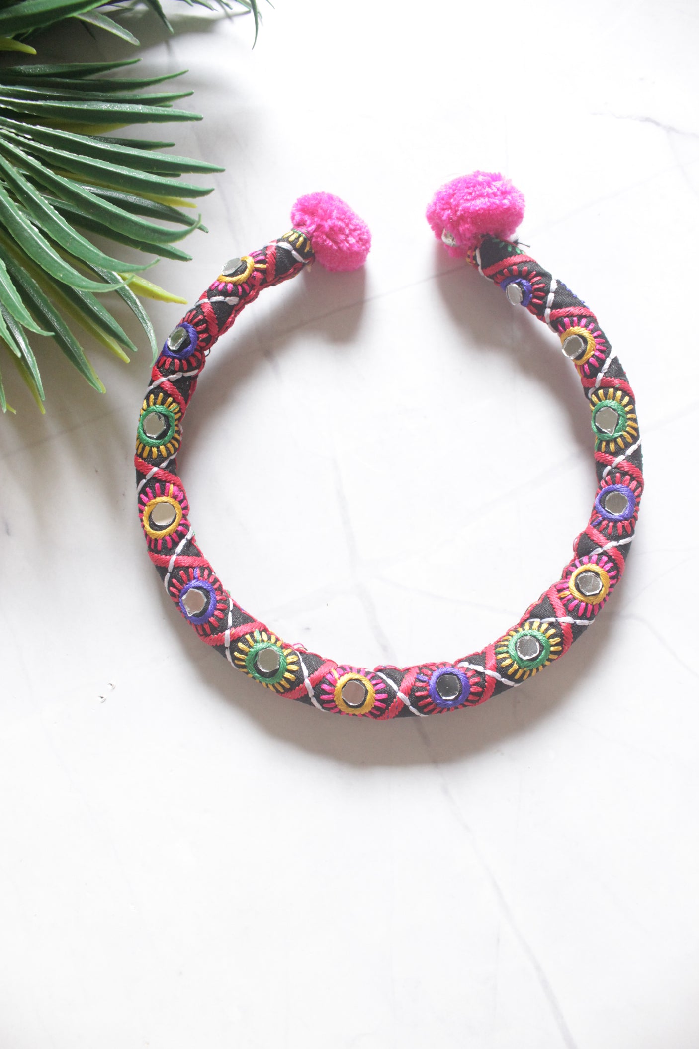 Intricately Hand Embroidered Multi-Color Mirror and Fabric Choker necklace