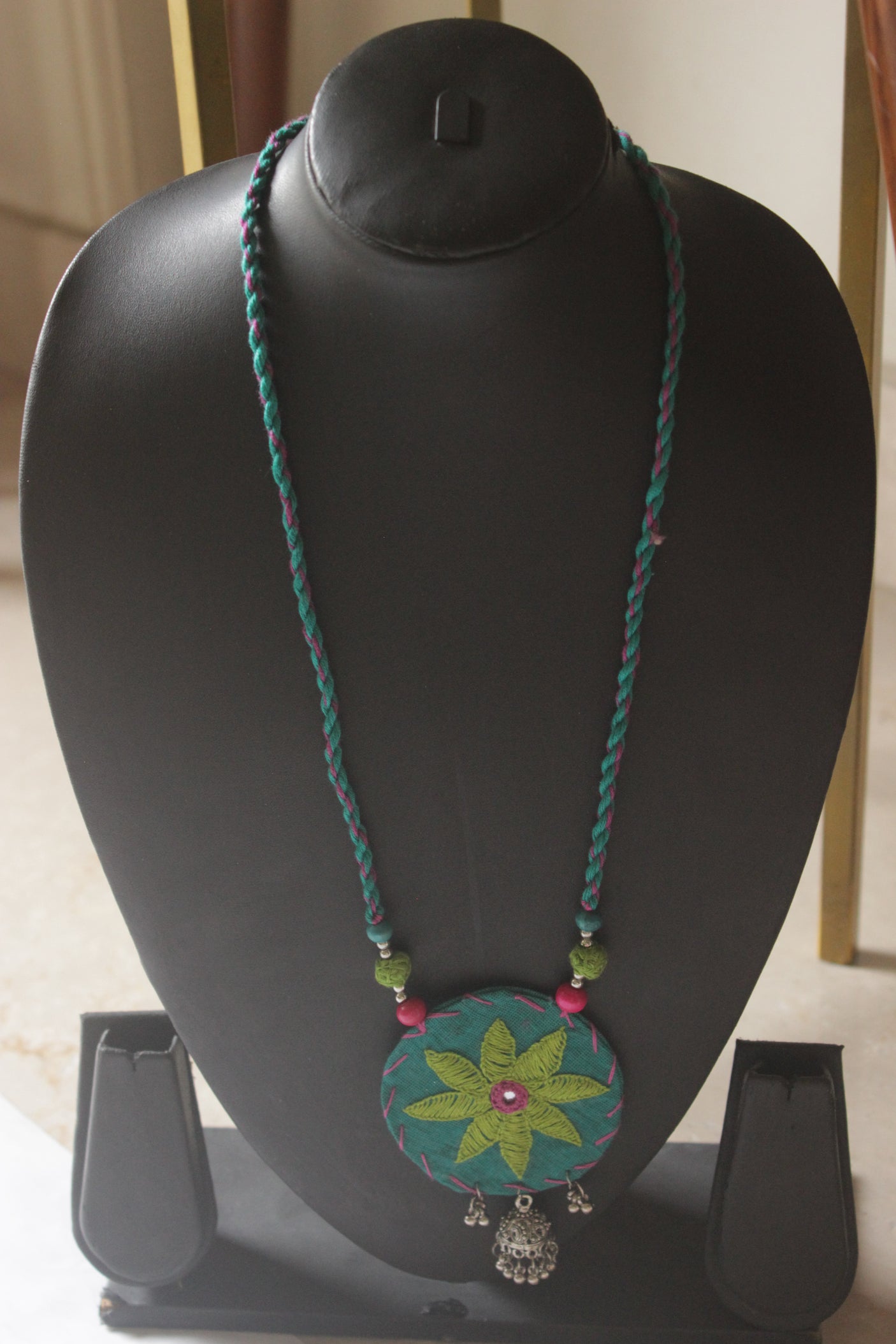 Blue and Green Hand Embroidered Mirror Necklace