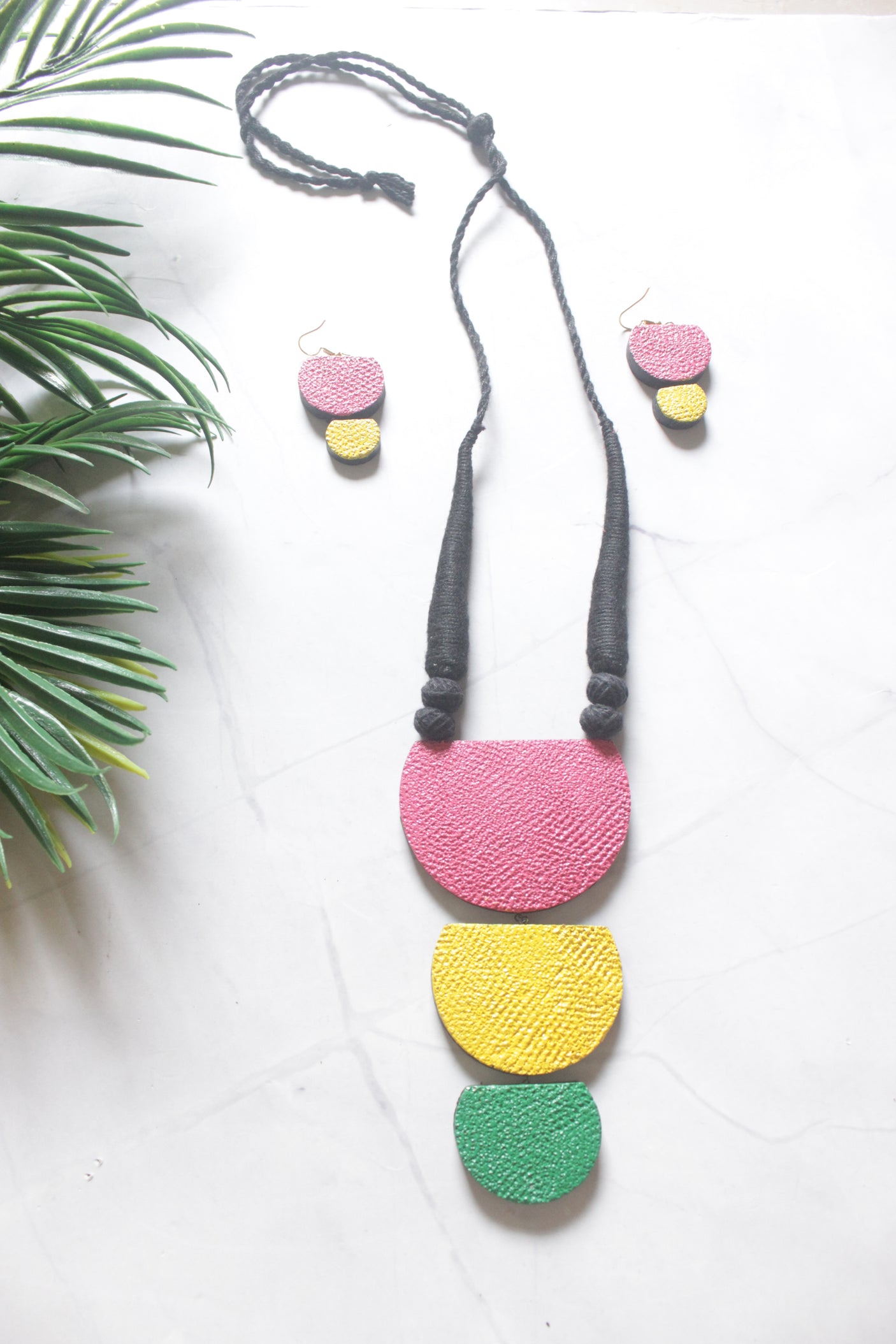 Textured Terracotta Triple Half-Moon Colour Block Statement Necklace Set