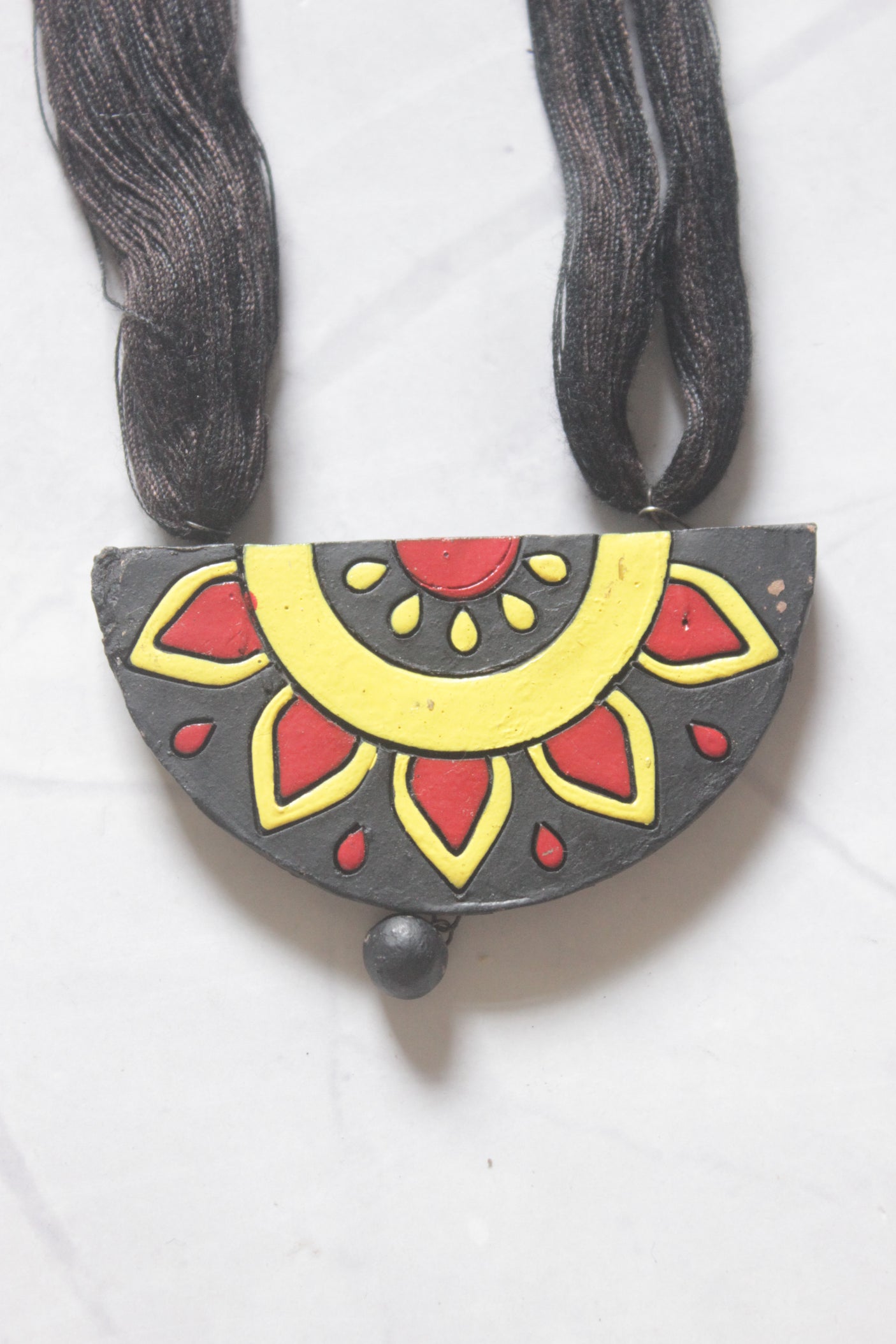 Black Terracotta Clay Sun Mandala Half-Moon Pendant Necklace Set