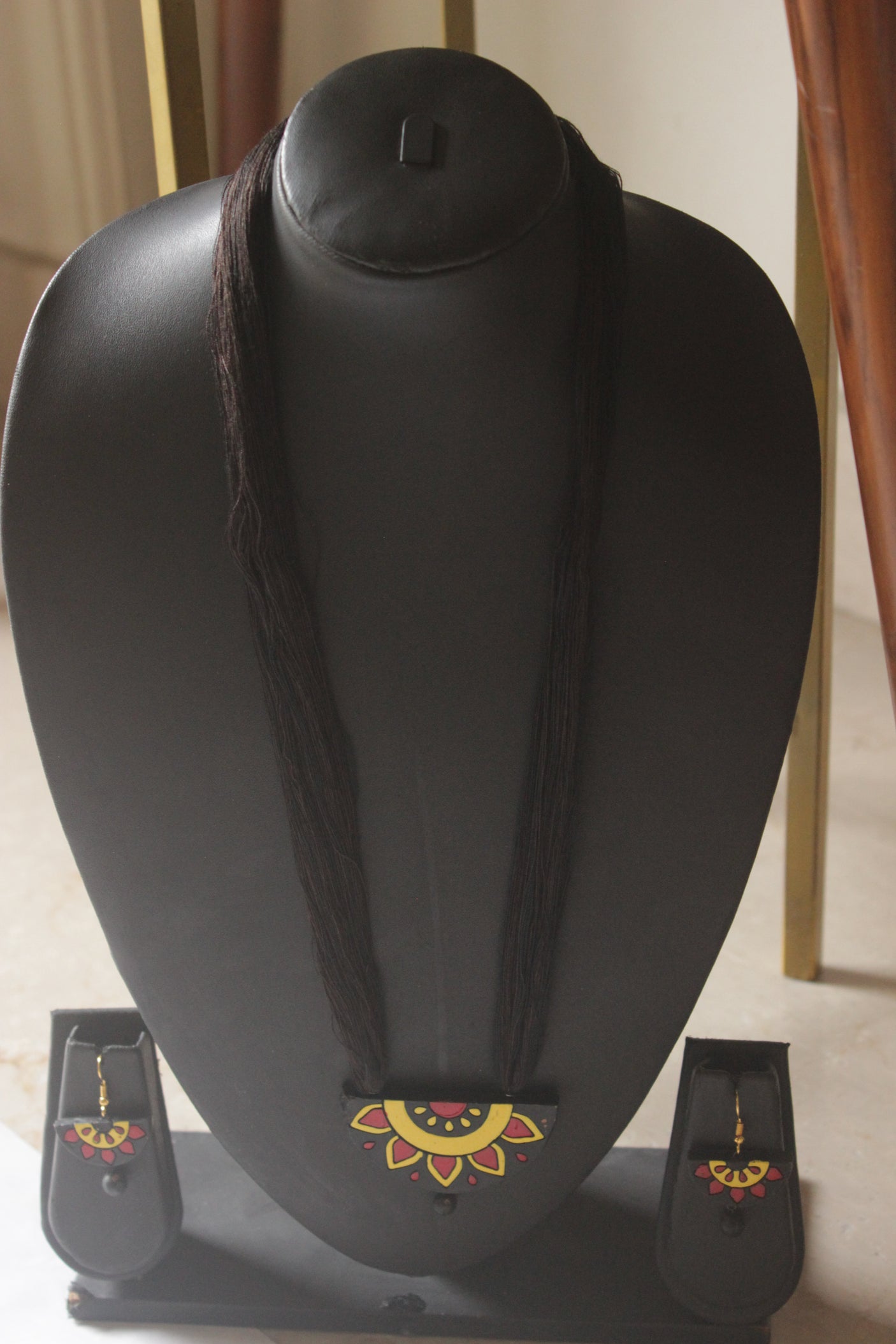 Black Terracotta Clay Sun Mandala Half-Moon Pendant Necklace Set