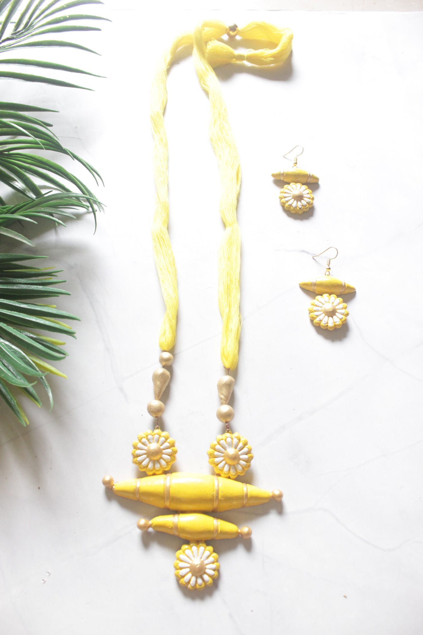 Yellow Terracotta Daisy Flower & Barrel Bead Cross Pendant Necklace Set