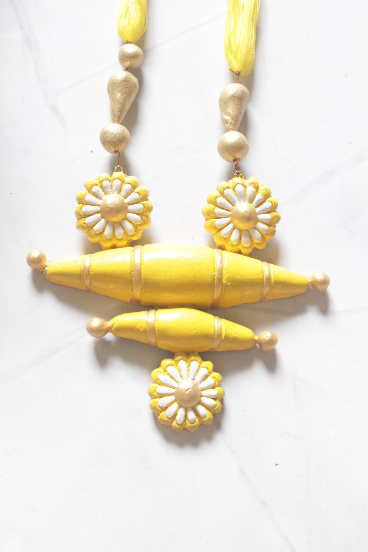 Yellow Terracotta Daisy Flower & Barrel Bead Cross Pendant Necklace Set