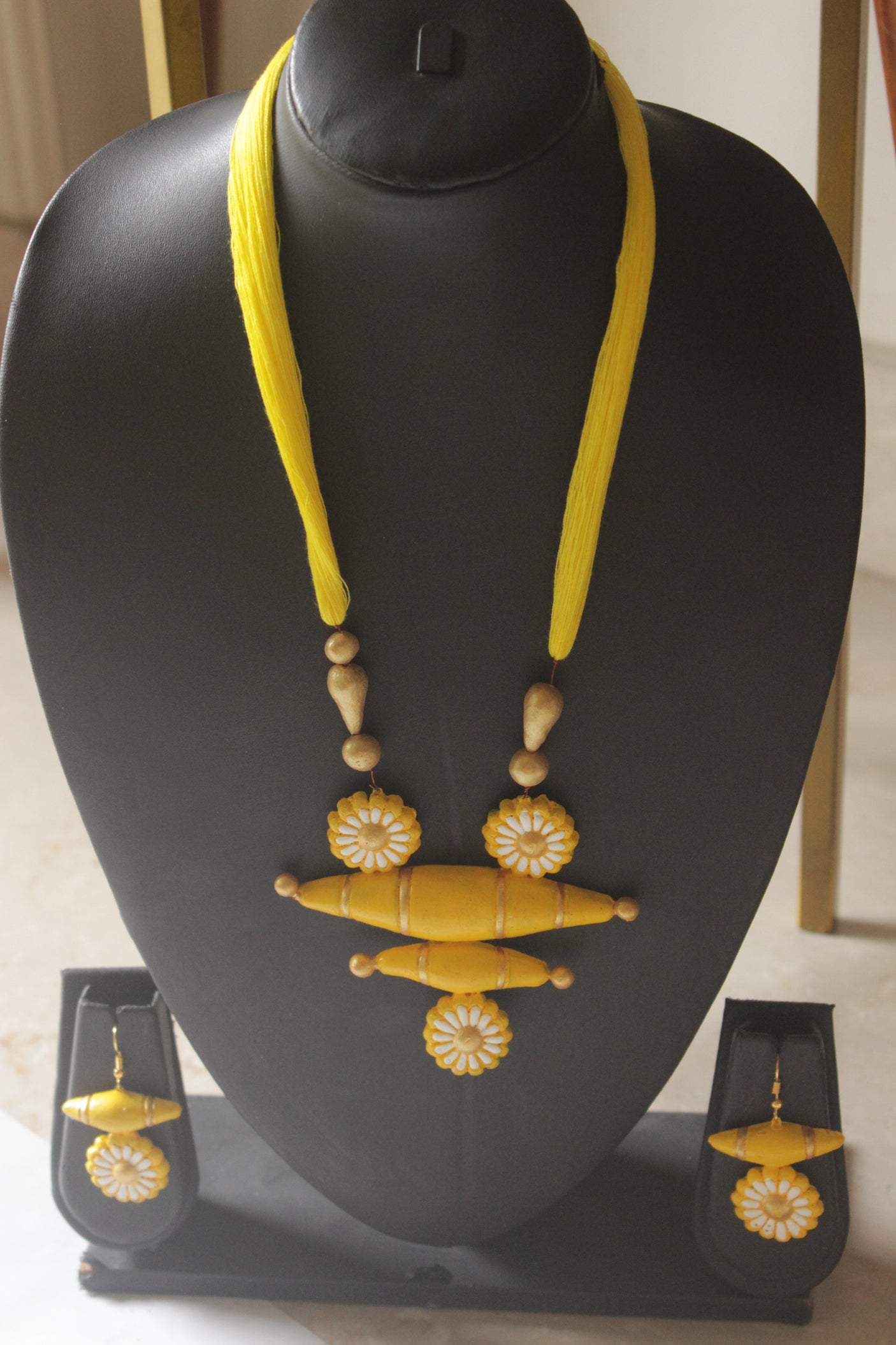 Yellow Terracotta Daisy Flower & Barrel Bead Cross Pendant Necklace Set