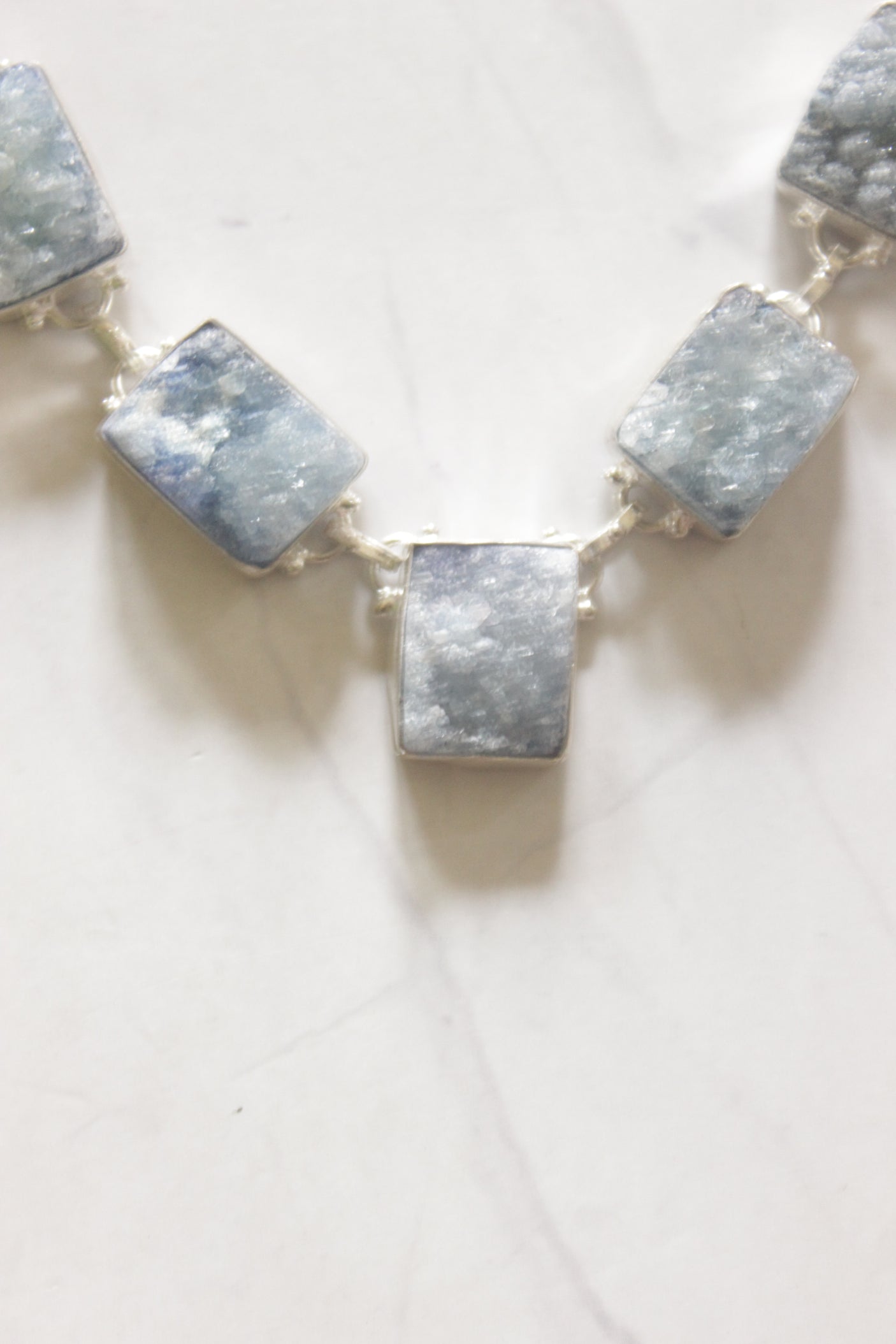 Bluish Grey Raw Sugar Druzy Natural Gemstones Embedded Silver Chain Necklace