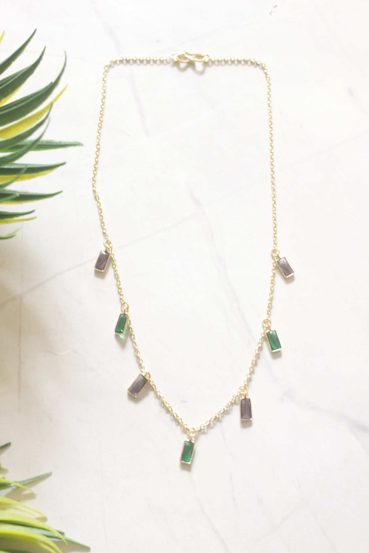 Gold-Toned Emerald and Lavender Crystal Dangle Necklace
