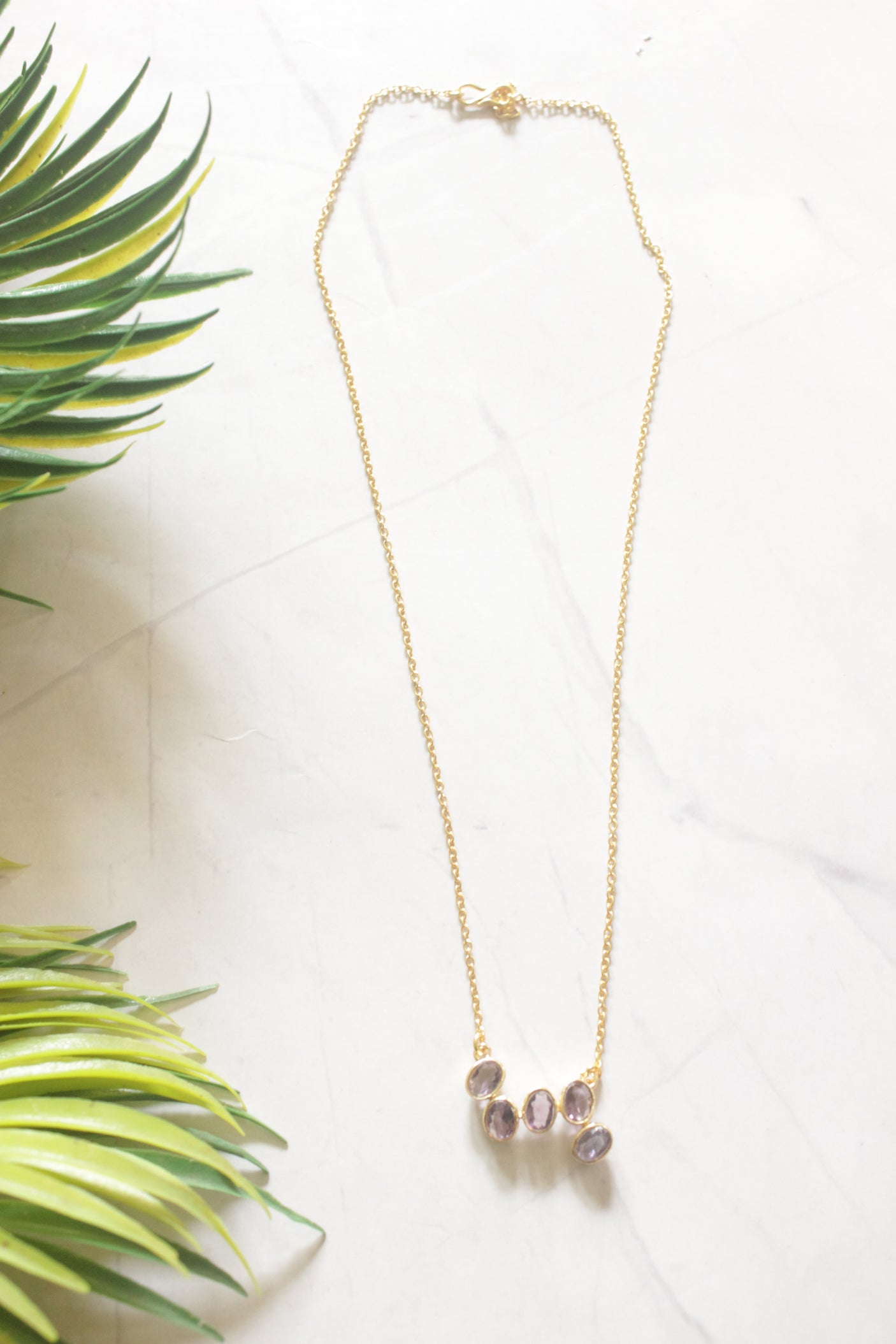 Lavender Dewdrops Gold Toned Gemstones Embedded Necklace
