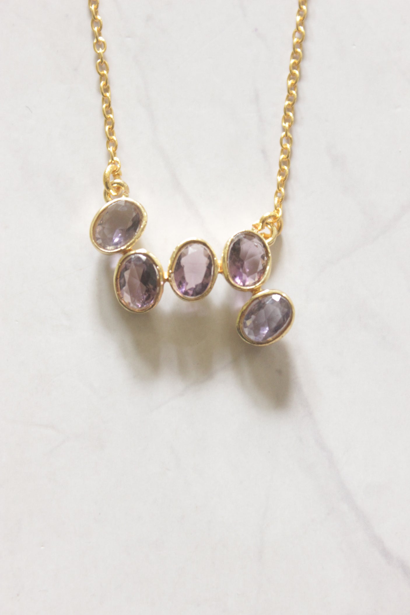 Lavender Dewdrops Gold Toned Gemstones Embedded Necklace