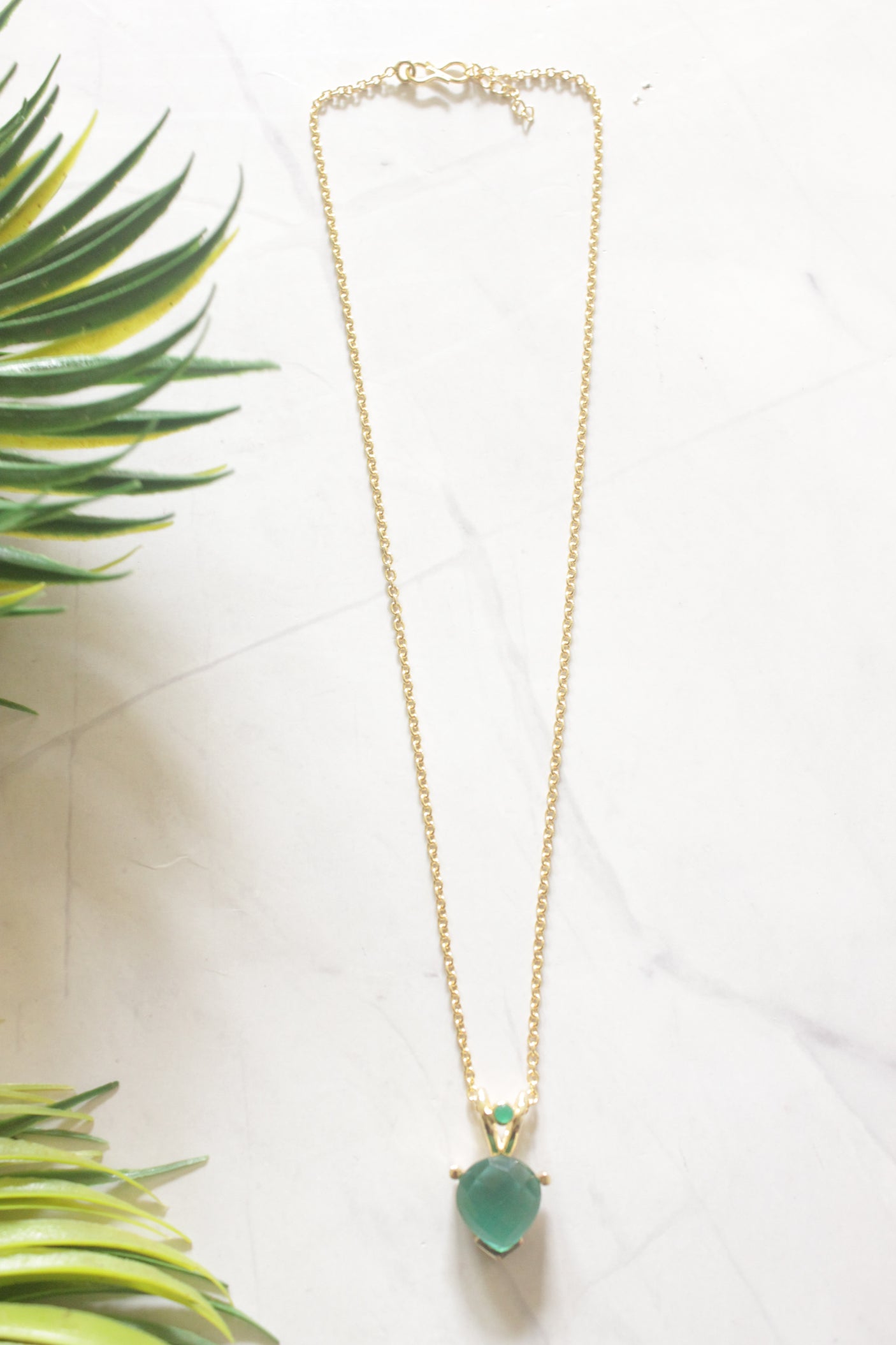 Emerald Drop Natural Gemstone Embedded Gold Tone Long Chain Necklace