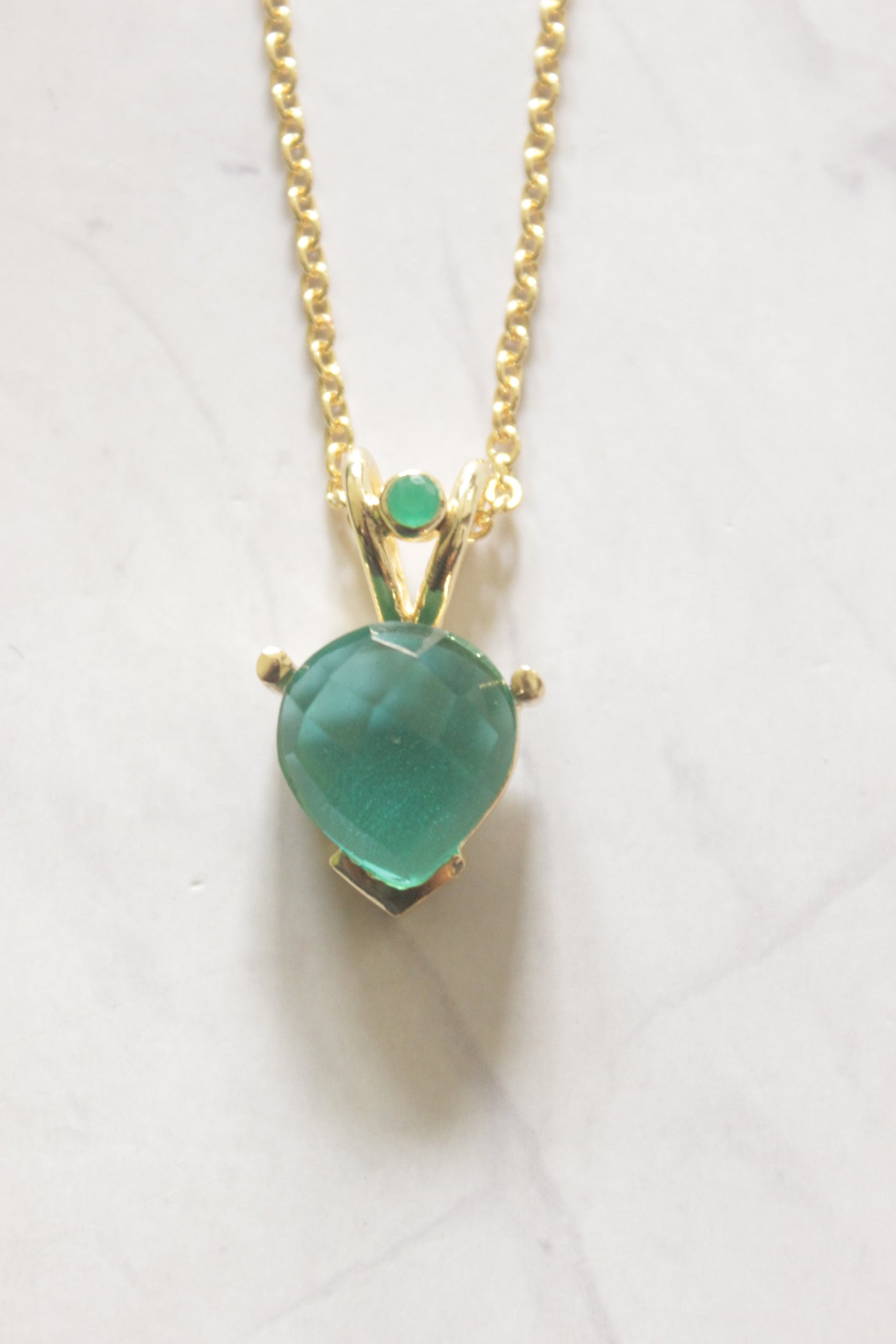 Emerald Drop Natural Gemstone Embedded Gold Tone Long Chain Necklace