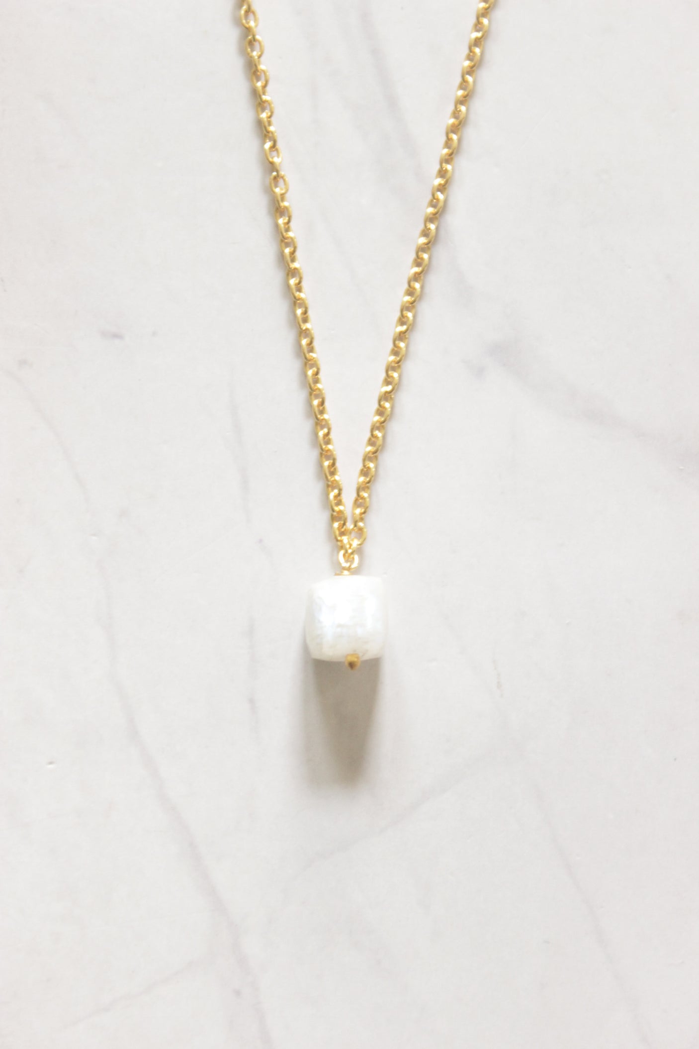 Natural White Quartz Pendant on Delicate Long Gold Chain Necklace