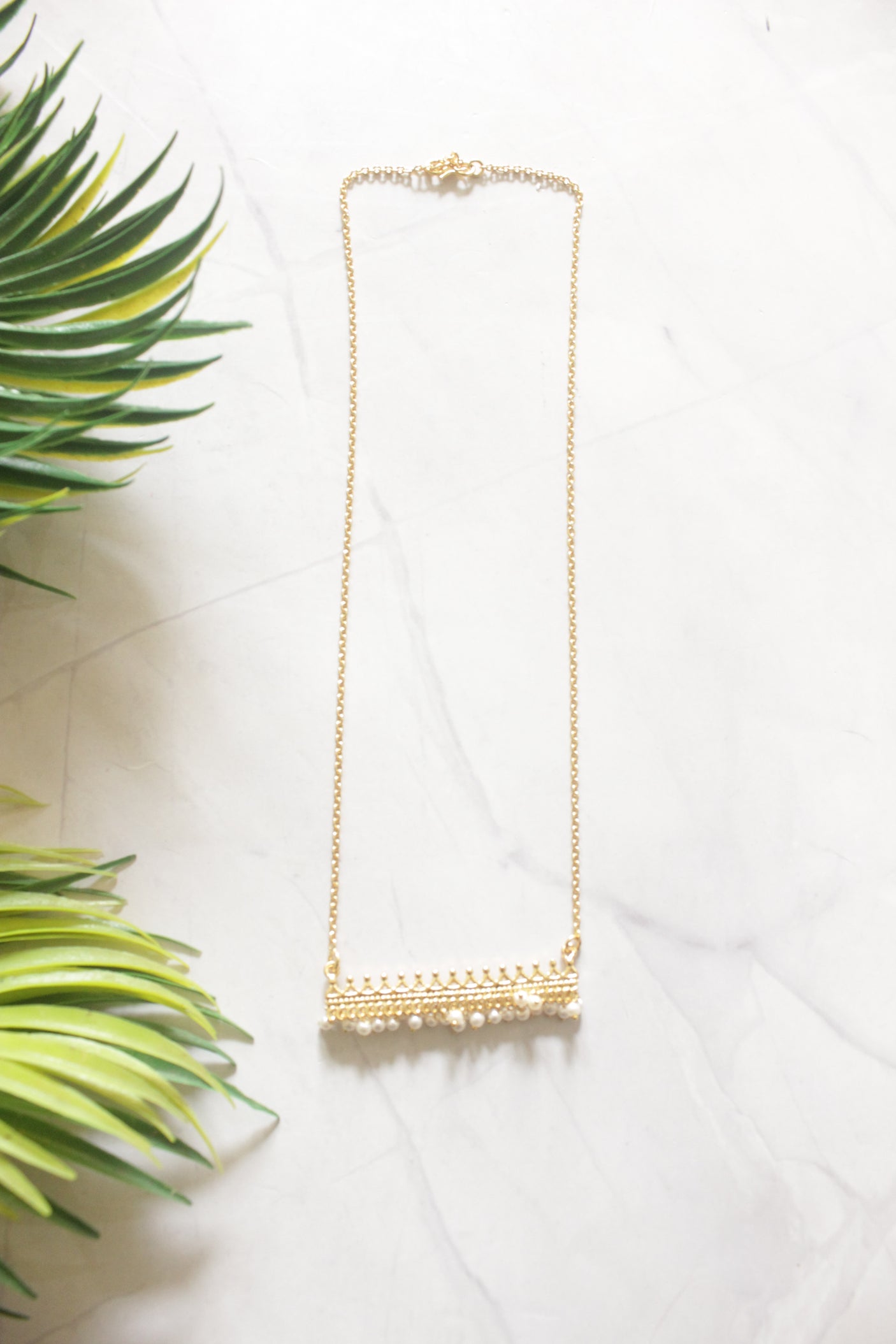 Gold Filigree Bar Pendant with Pearl Drops on Dainty Gold Chain Necklace
