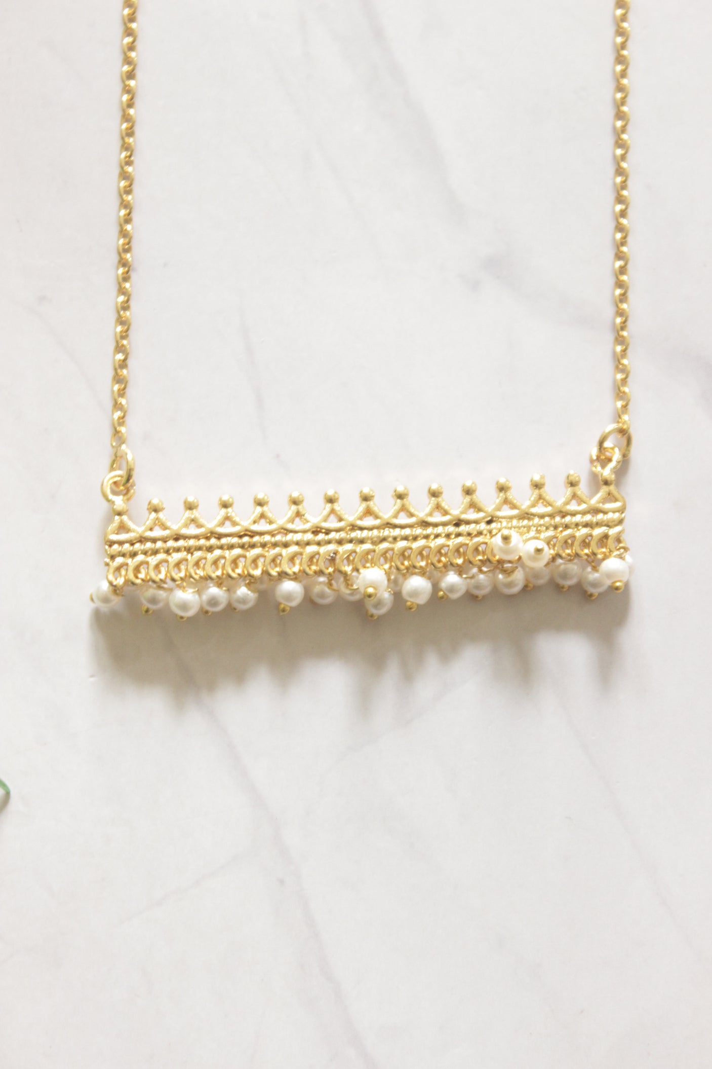 Gold Filigree Bar Pendant with Pearl Drops on Dainty Gold Chain Necklace