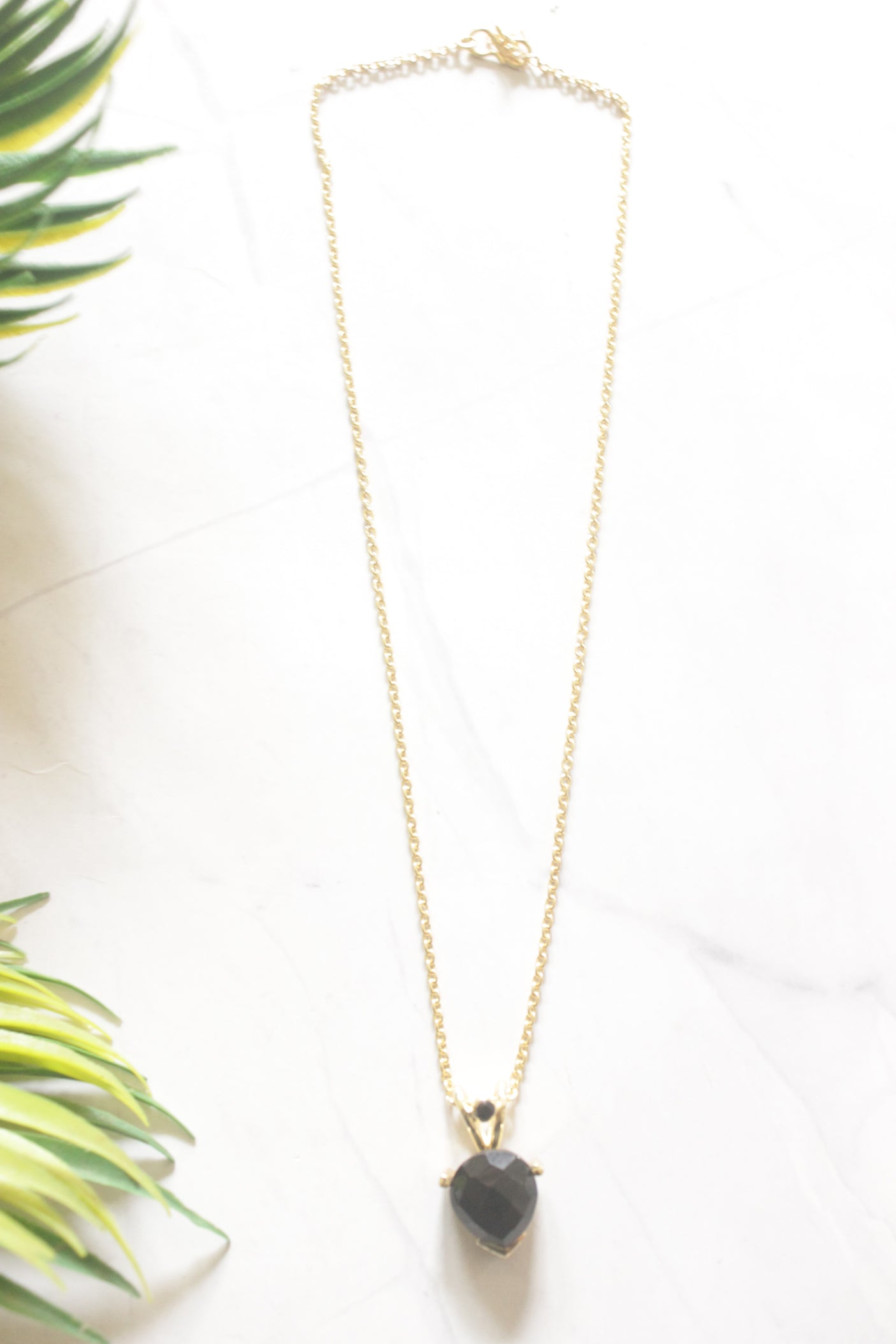 Black Onyx Teardrop Solitaire Pendant Gold Toned Chain Necklace