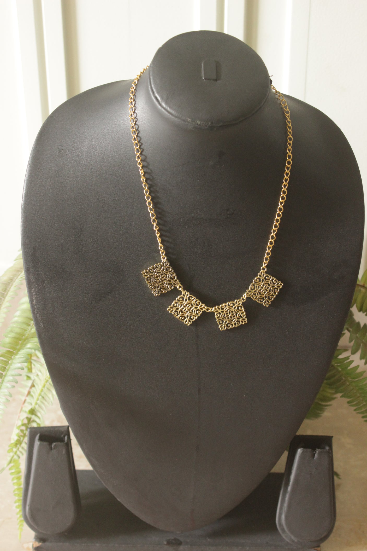 Gold Filigree Diamond Square Multi-Charm Statement Necklace on Gold Chain