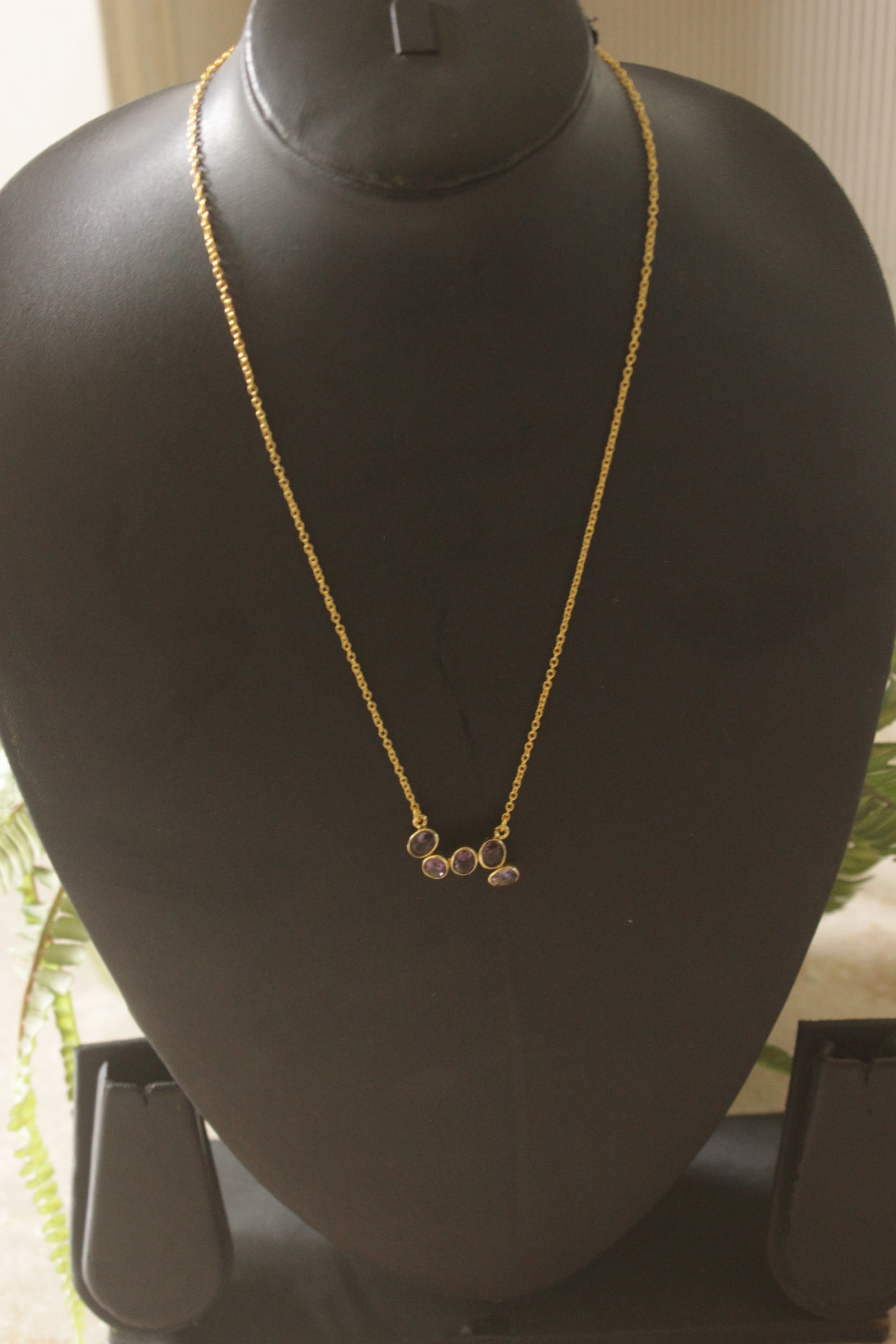 Lavender Dewdrops Gold Toned Gemstones Embedded Necklace