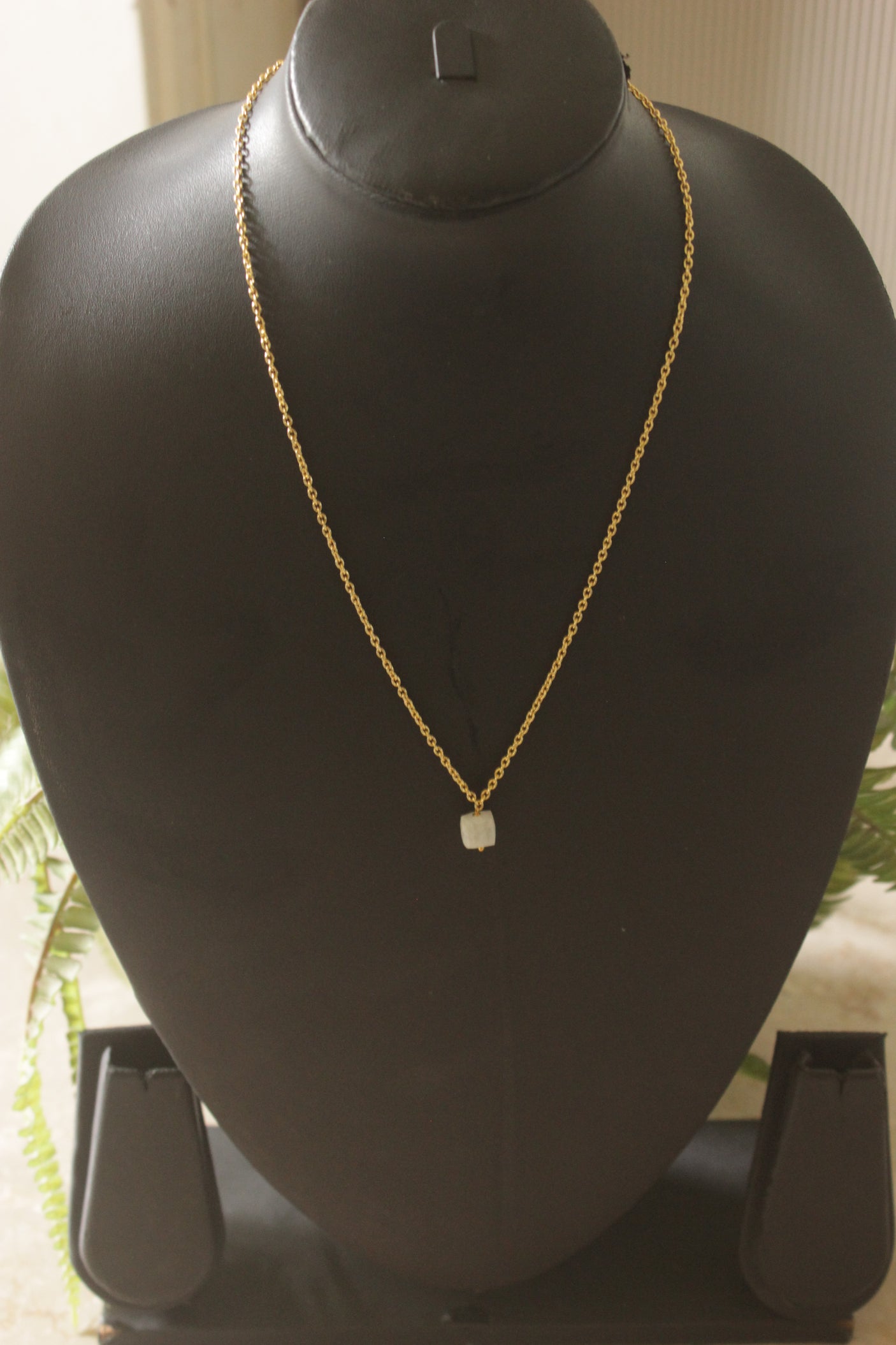 Natural White Quartz Pendant on Delicate Long Gold Chain Necklace
