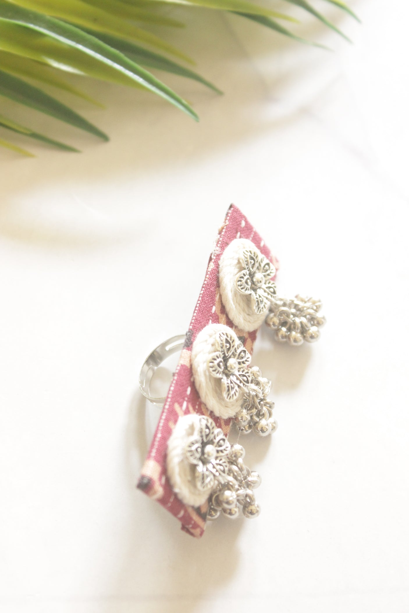 Handcrafted Maroon Ajrakh Fabric Adjustable Ring with Floral Ghungroo Charms