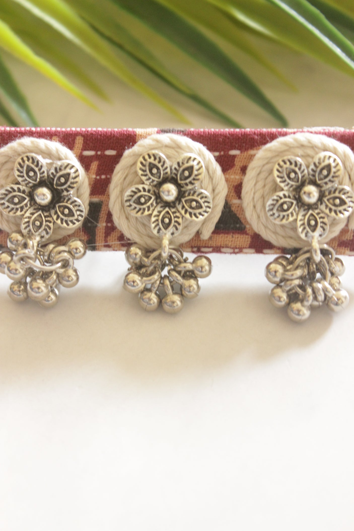 Handcrafted Maroon Ajrakh Fabric Adjustable Ring with Floral Ghungroo Charms
