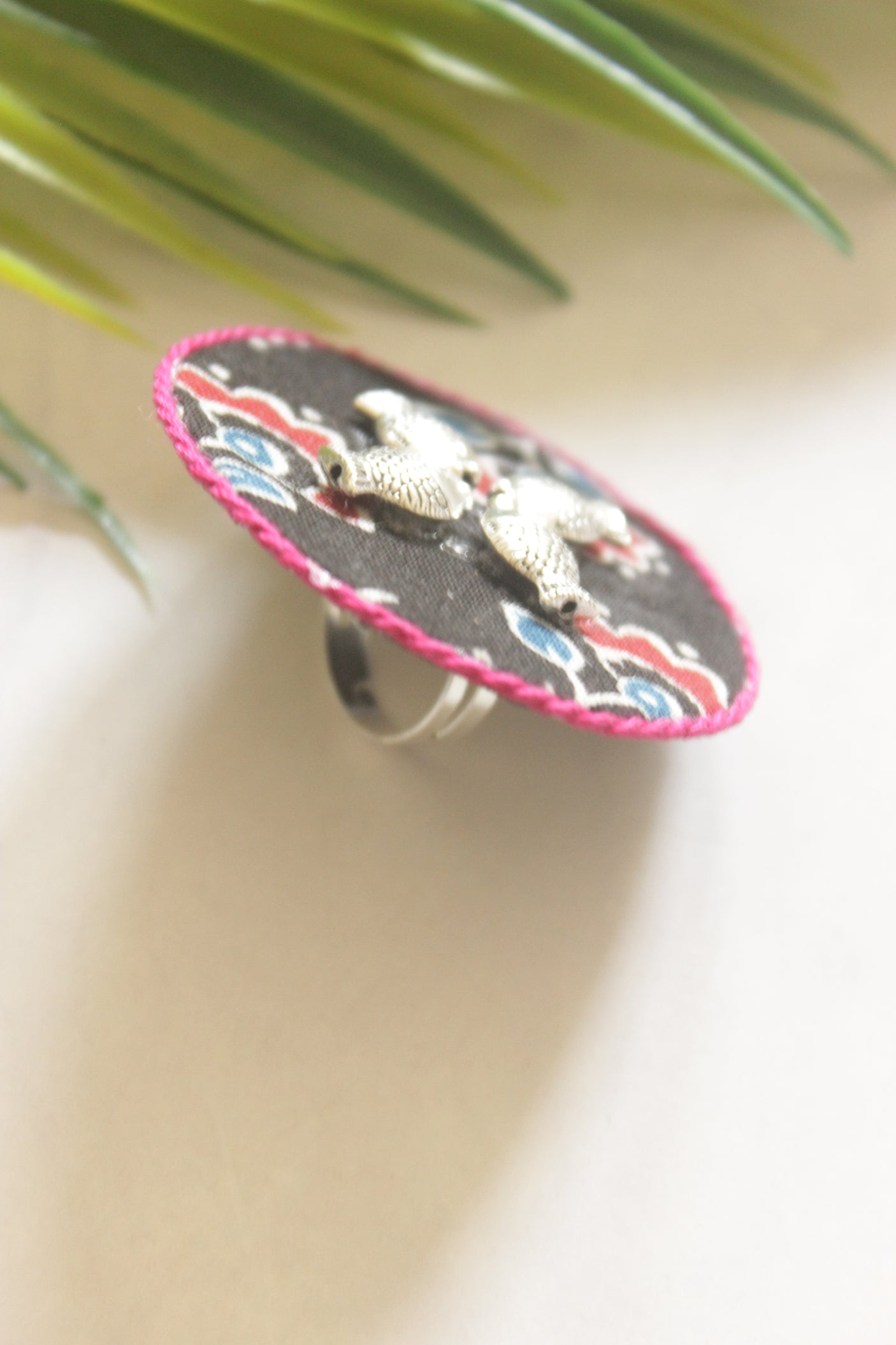 Handcrafted Black Ajrakh Fabric Statement Adjustable Ring with Silver Fish Motifs