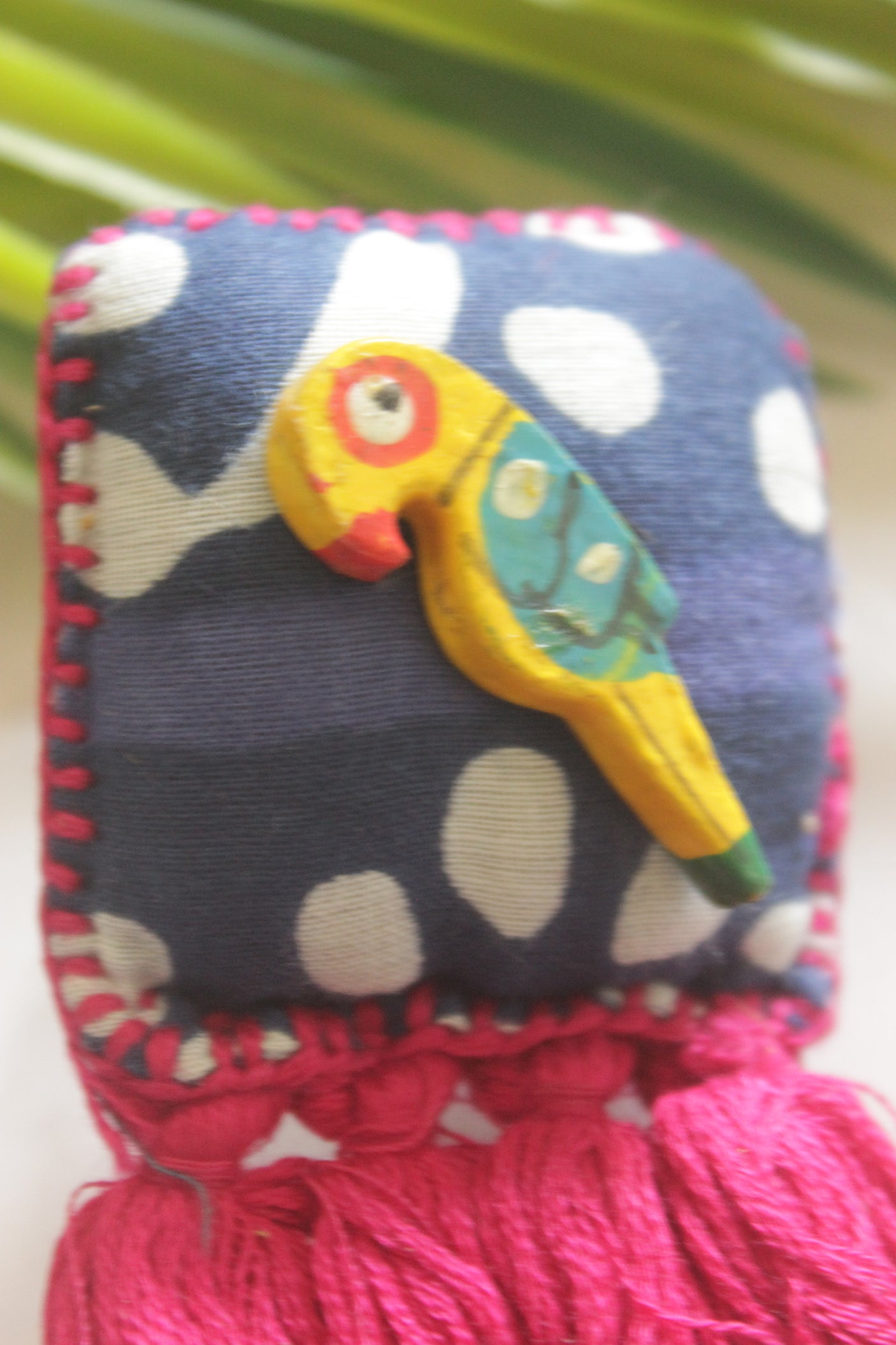 Handcrafted Indigo Fabric Statement Adjustable Ring with Bird Motif