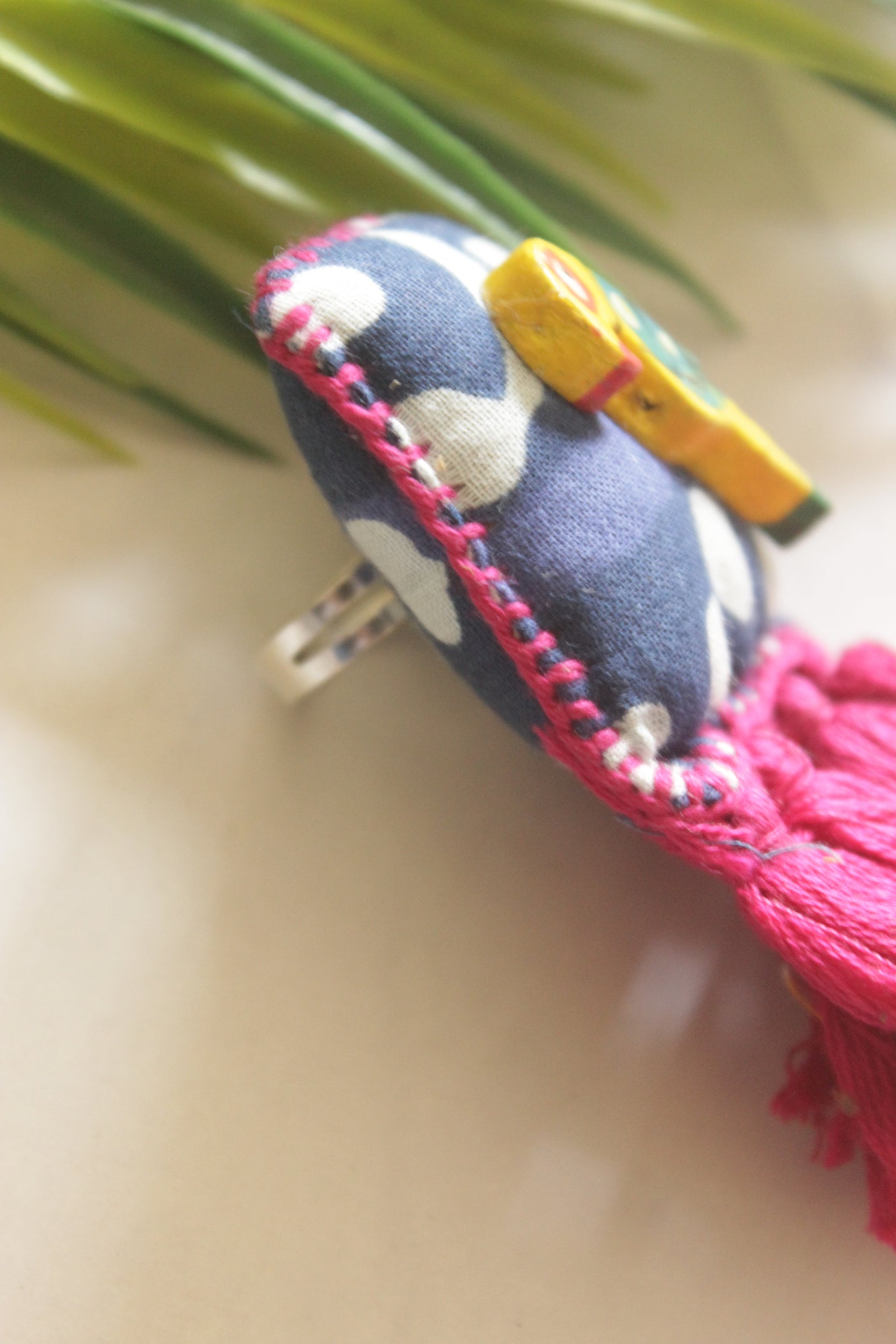 Handcrafted Indigo Fabric Statement Adjustable Ring with Bird Motif