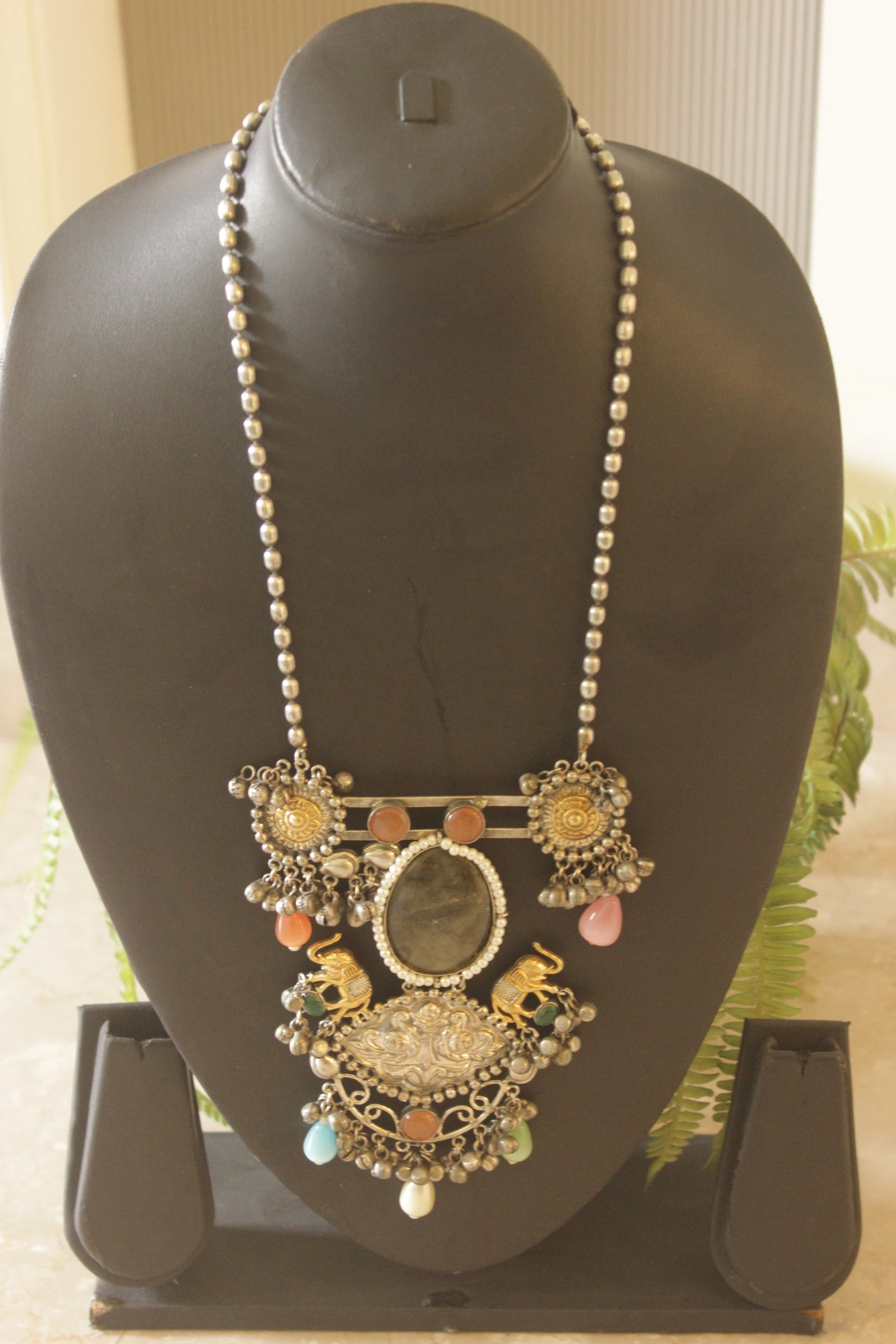 Intricately Detailed Statement Necklace with Grey Natural Center Stone