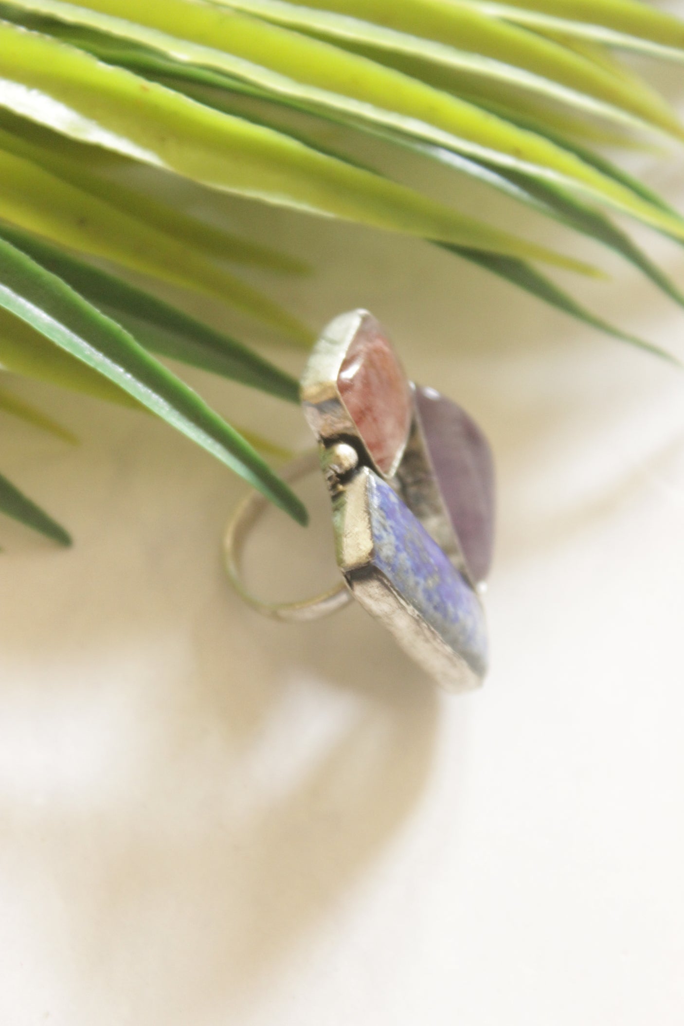 Multi-Color Gemstones Embedded Oxidised Finish Adjustable Ring
