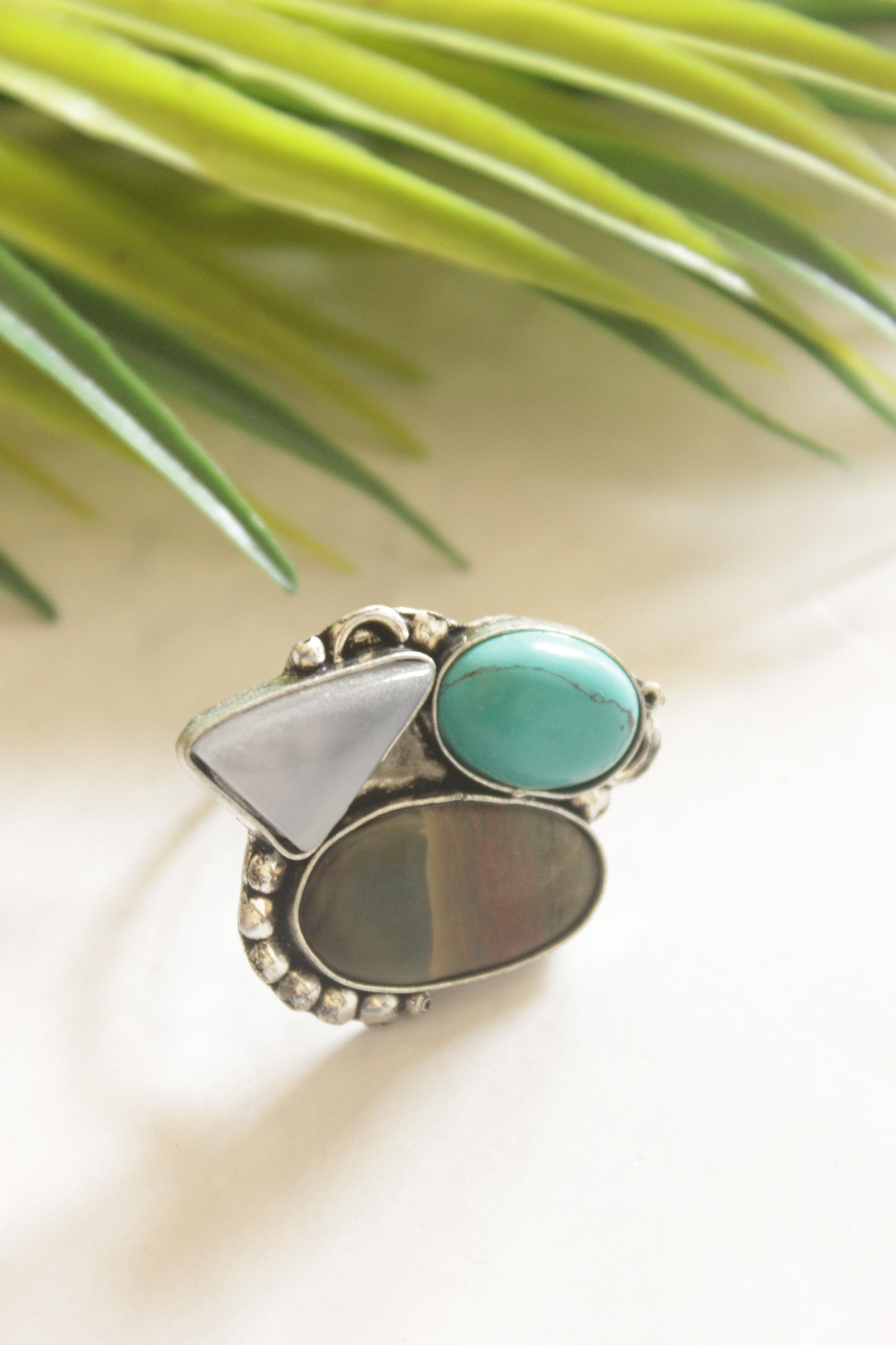 Multi-Color Gemstones Embedded Oxidised Finish Adjustable Ring