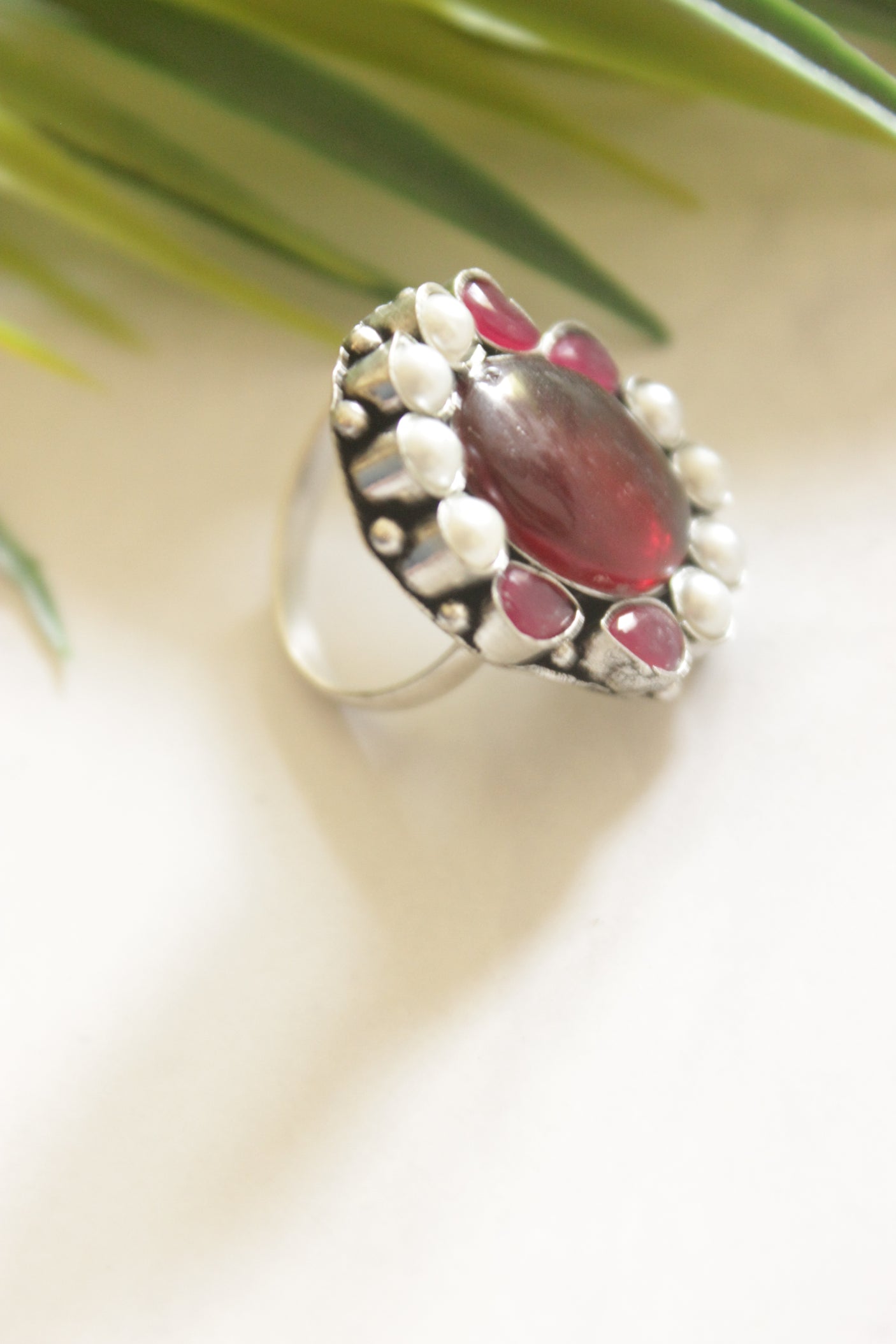 Ruby Red Natural Gemstones and Pearls Embedded Oxidised Finish Adjustable Ring
