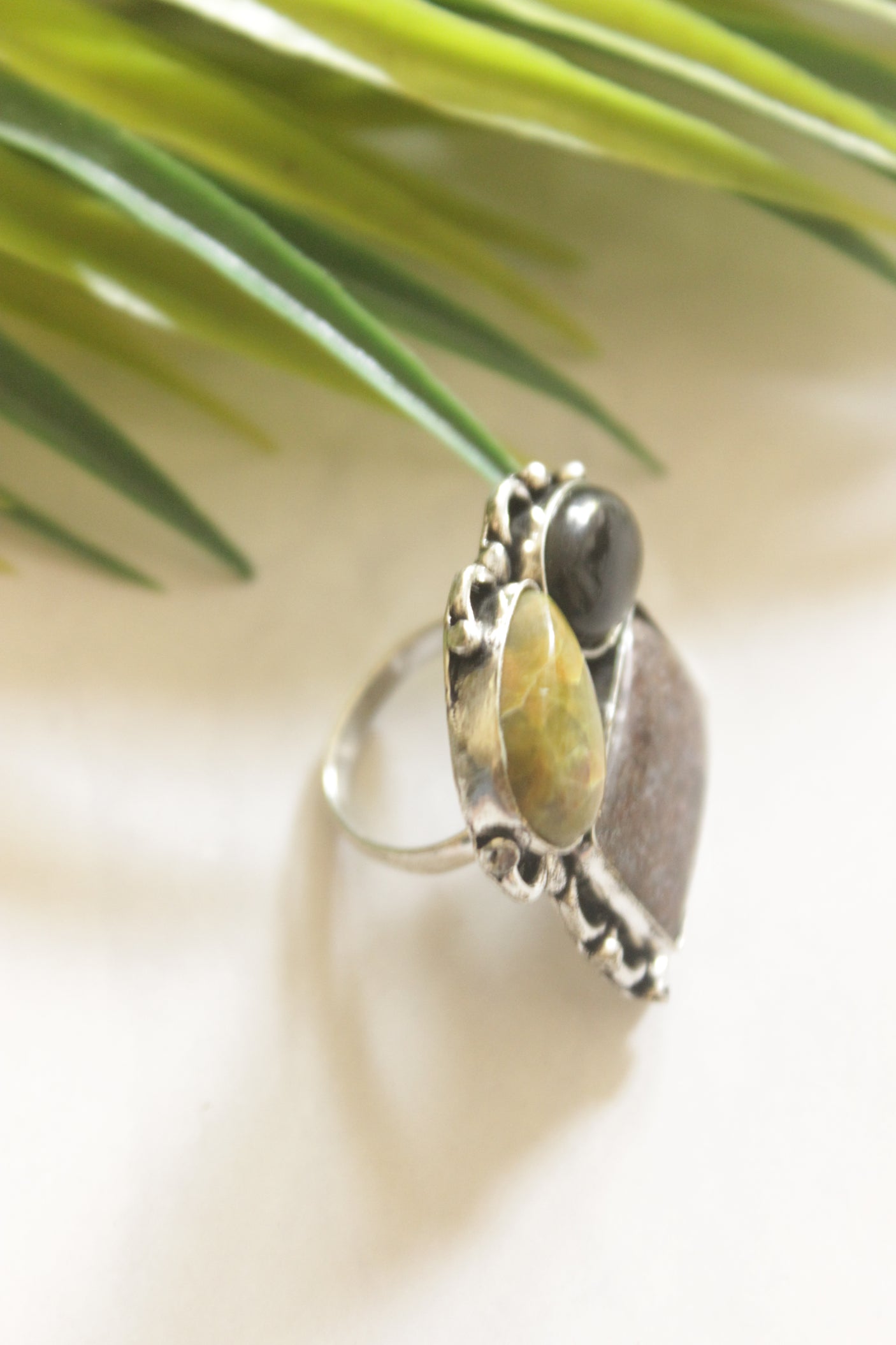 Multi-Color Gemstones Embedded Oxidised Finish Adjustable Ring