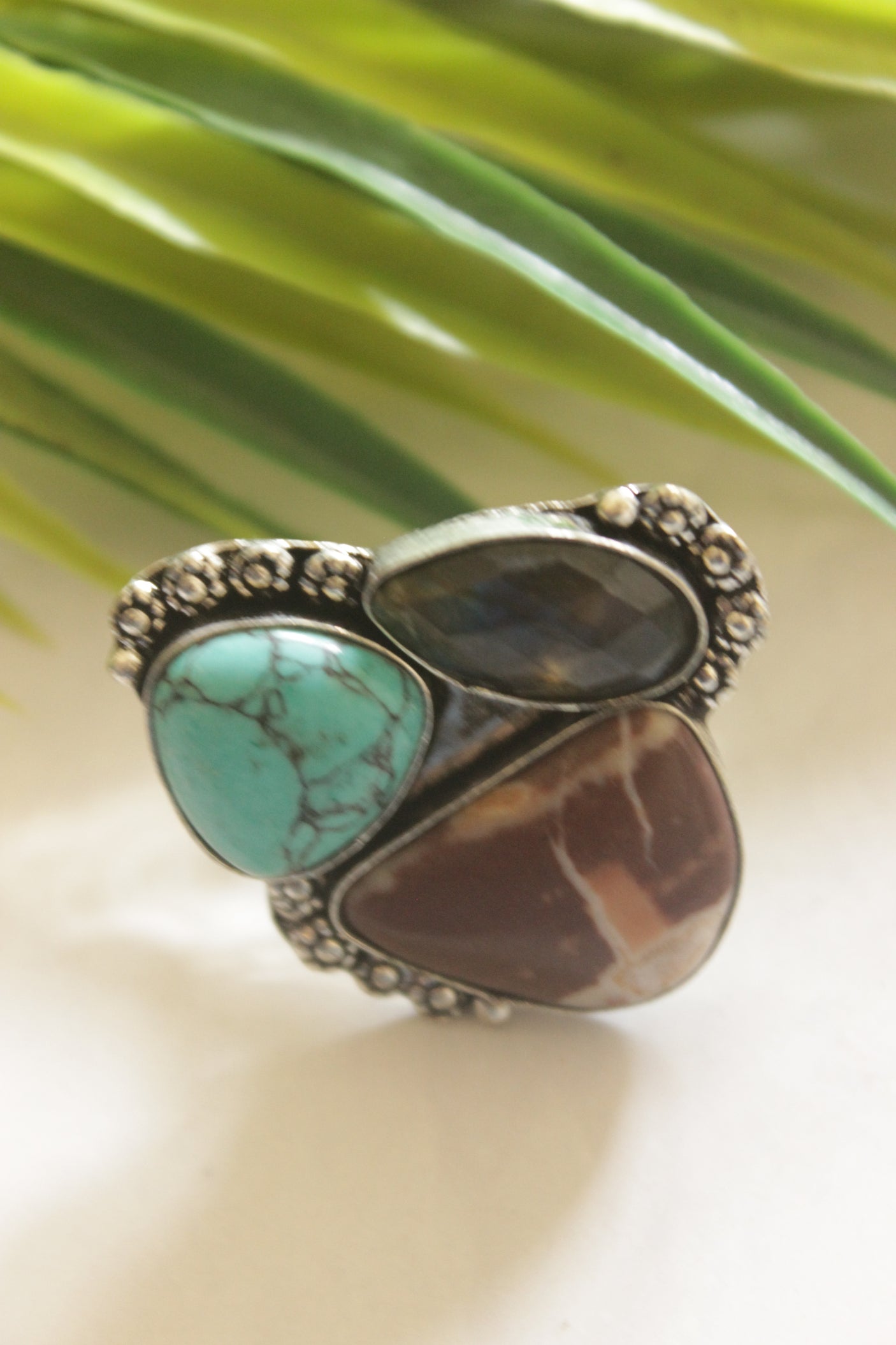 Multi-Color Gemstones Embedded Oxidised Finish Adjustable Ring