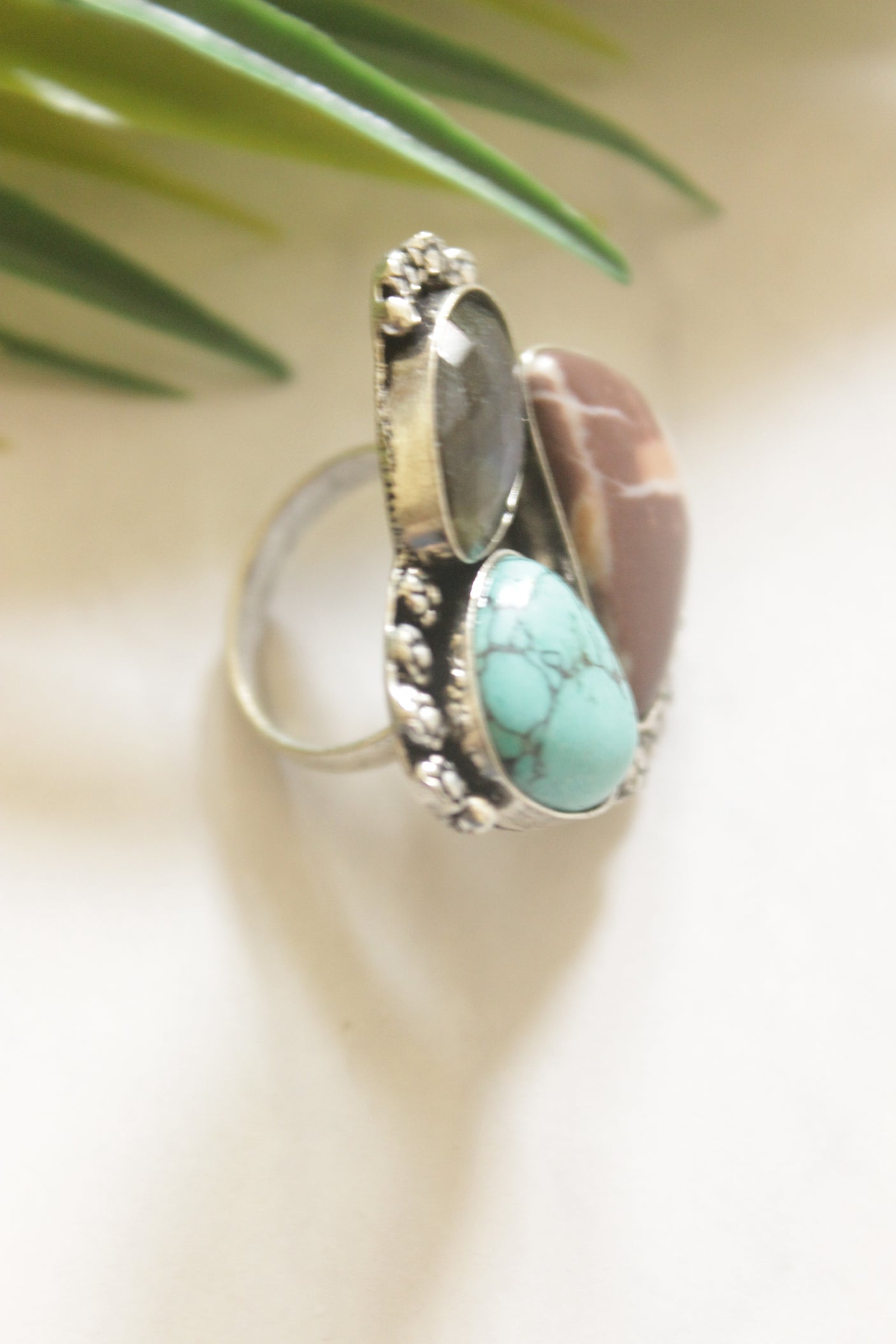Multi-Color Gemstones Embedded Oxidised Finish Adjustable Ring