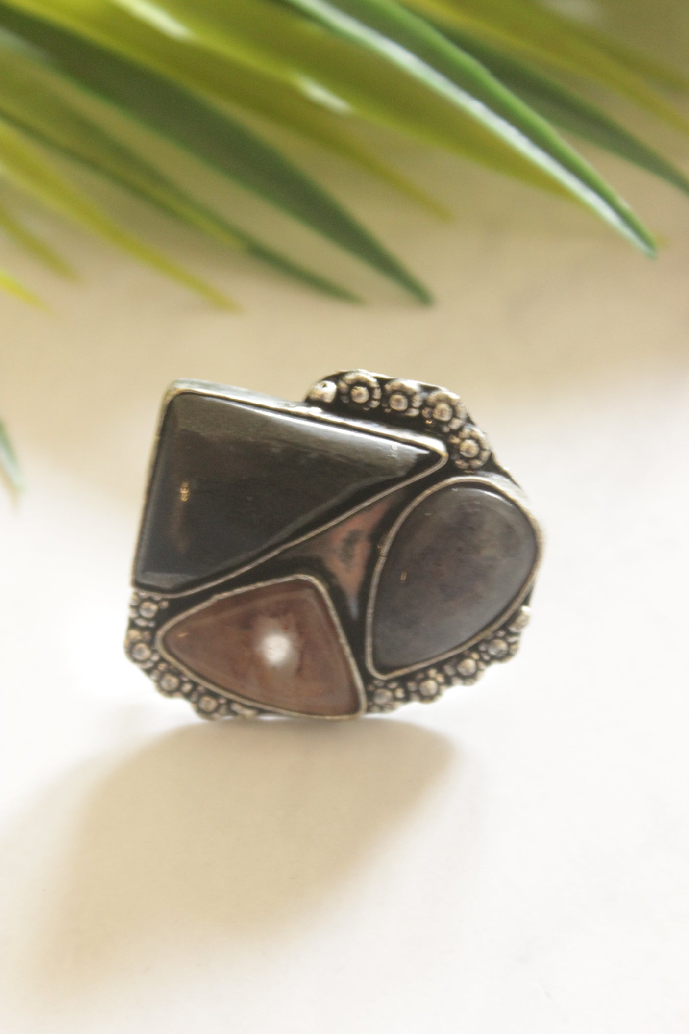 Shaded Black and Brown Gemstones Embedded Oxidised Finish Adjustable Ring
