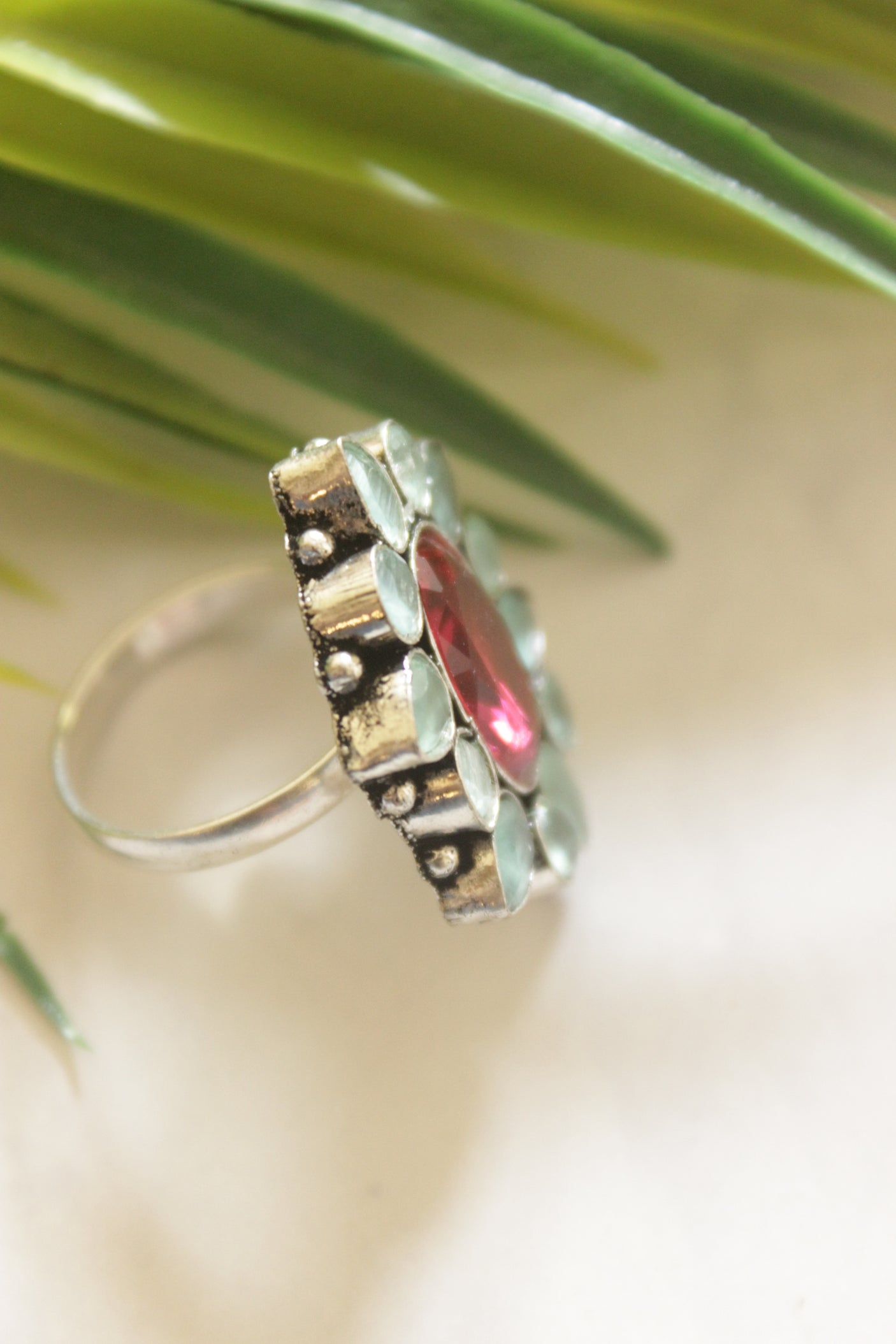 Red and Blue Gemstones Embedded Oxidised Finish Adjustable Ring