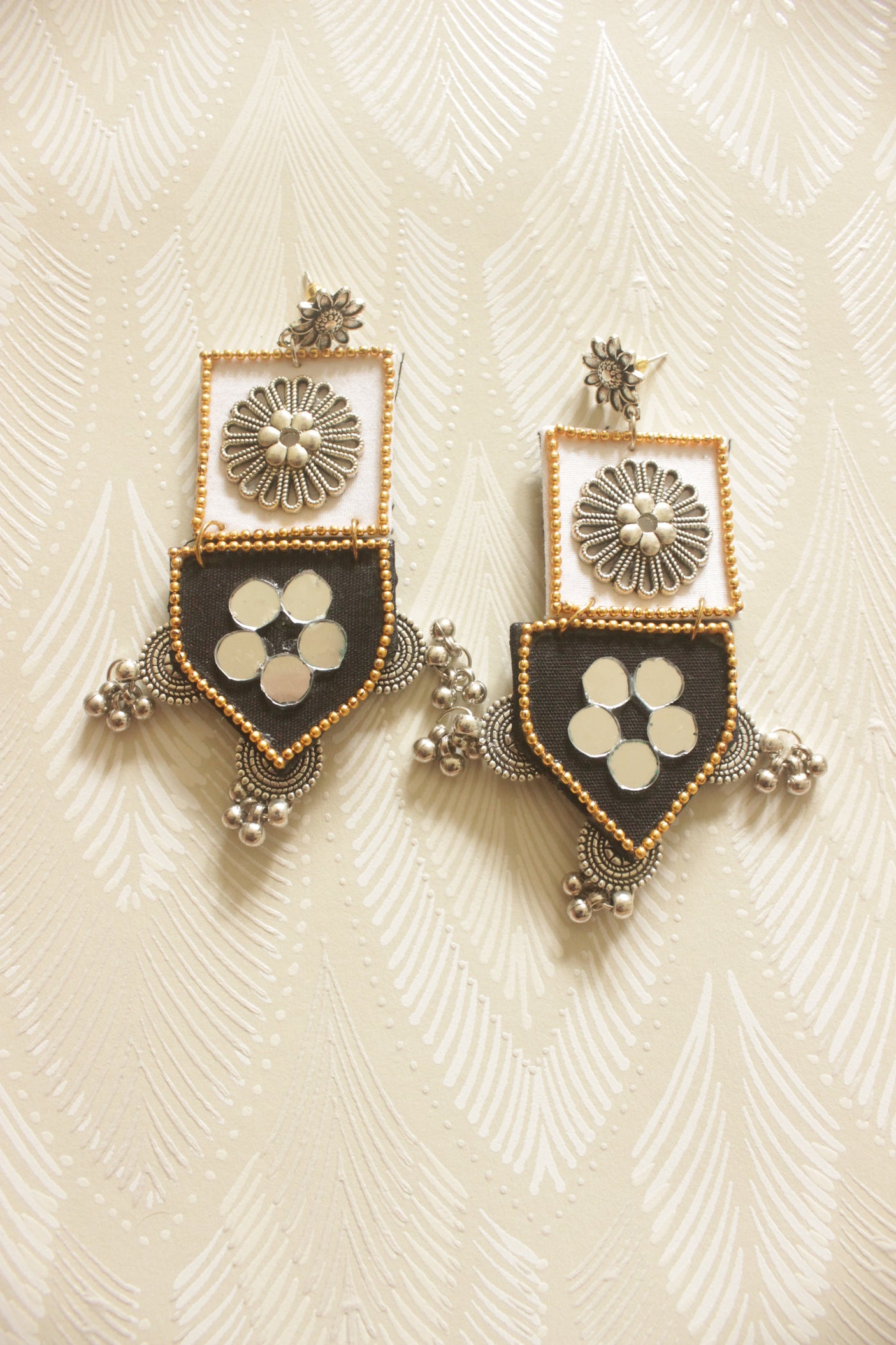 Sheesha Mirror Work Shield Drop Ghungroo Earrings