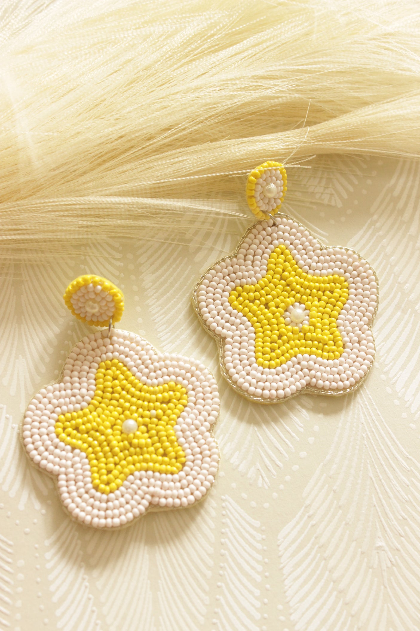 Ivory and Yellow Hand Beaded Star Earrings