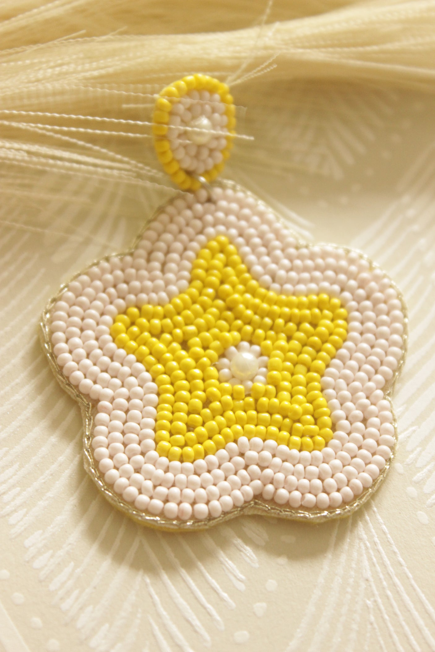 Ivory and Yellow Hand Beaded Star Earrings