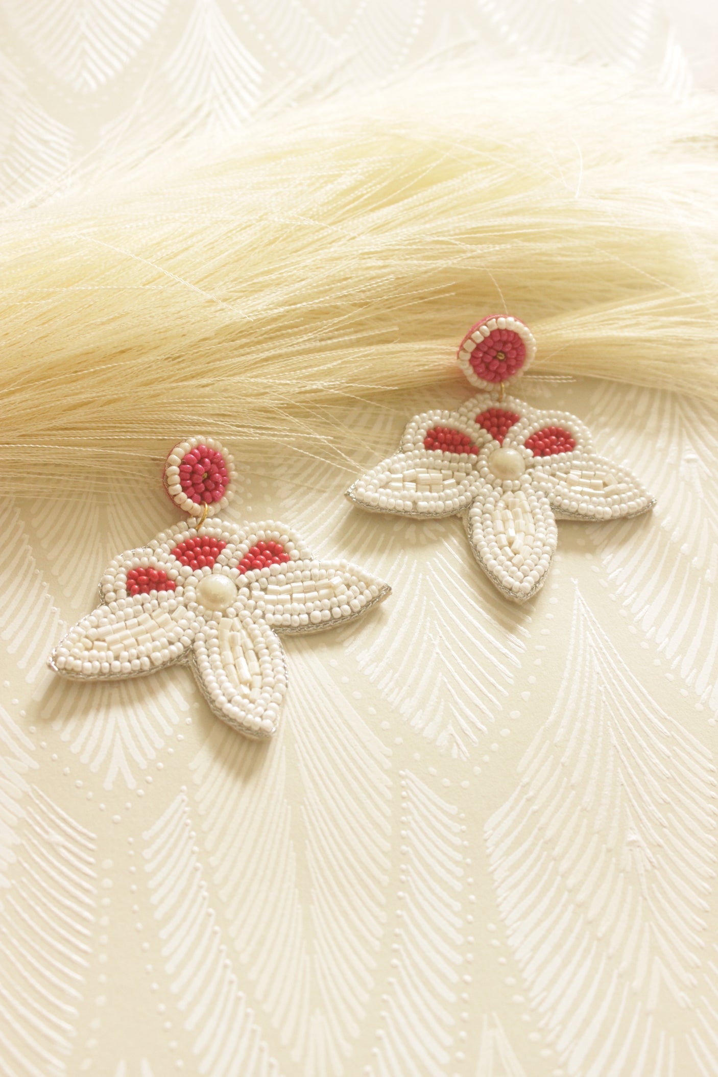 Fuchsia and White Hand Beaded Flower Earrings