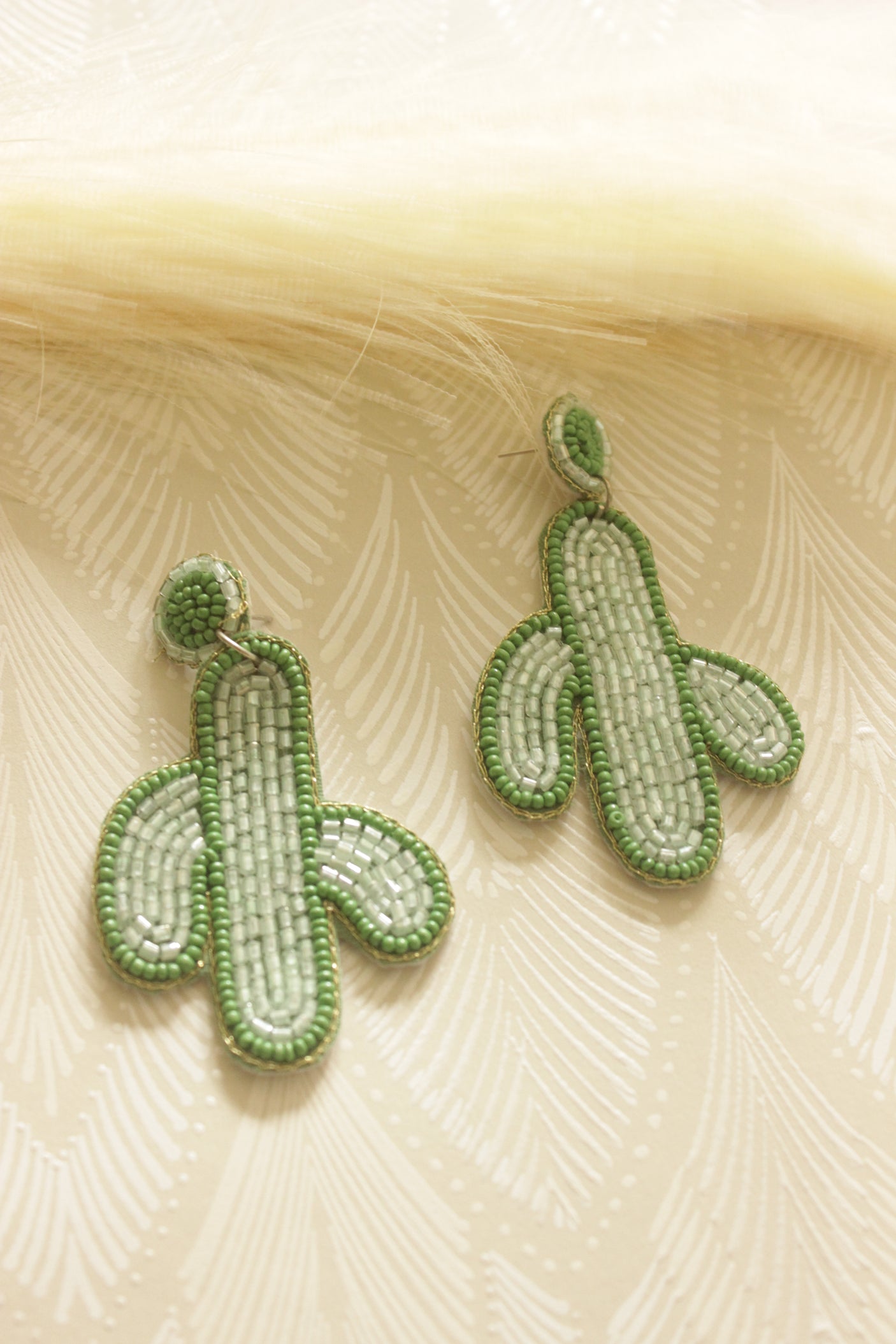 Green and White Hand Beaded Cactus Earrings