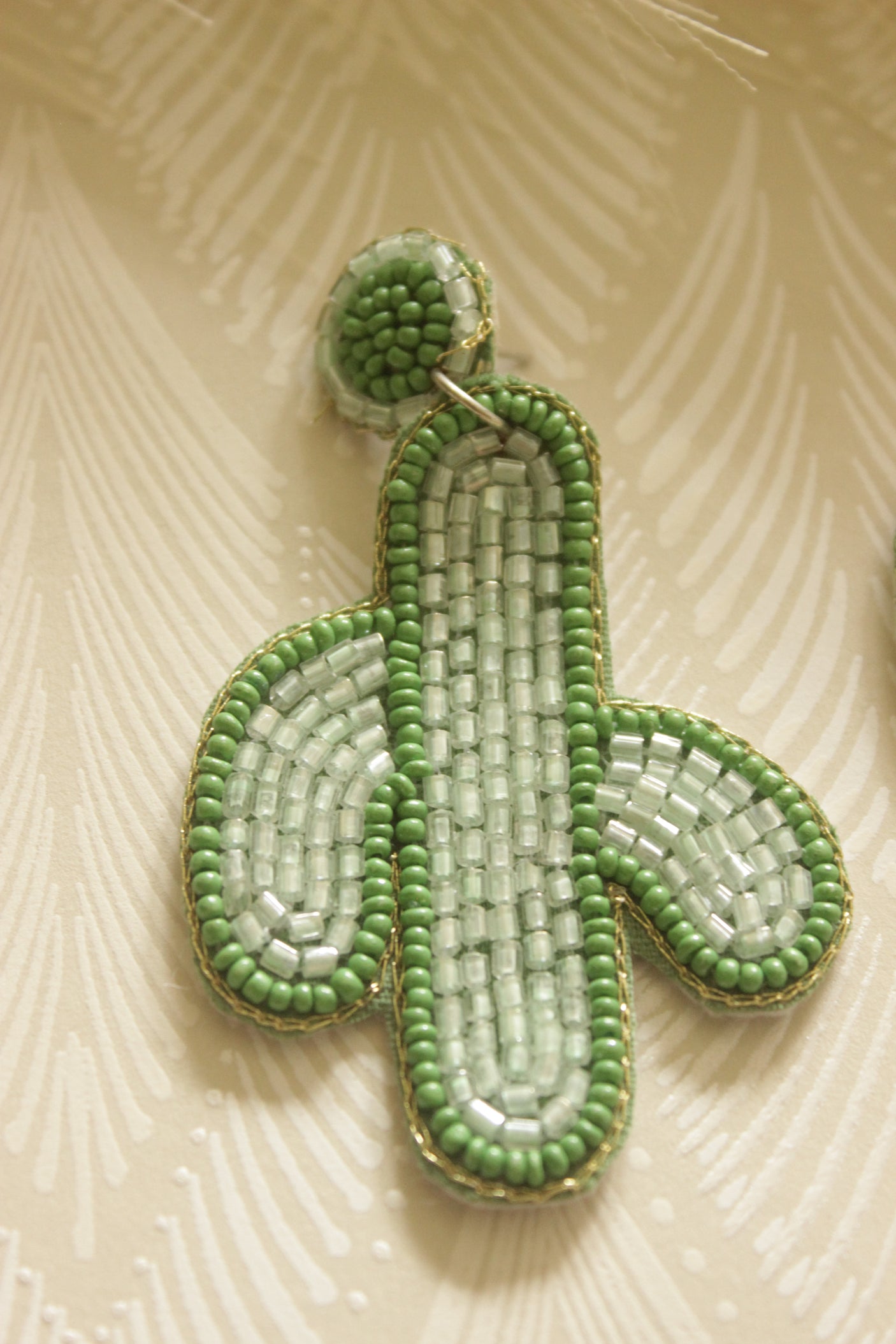 Green and White Hand Beaded Cactus Earrings