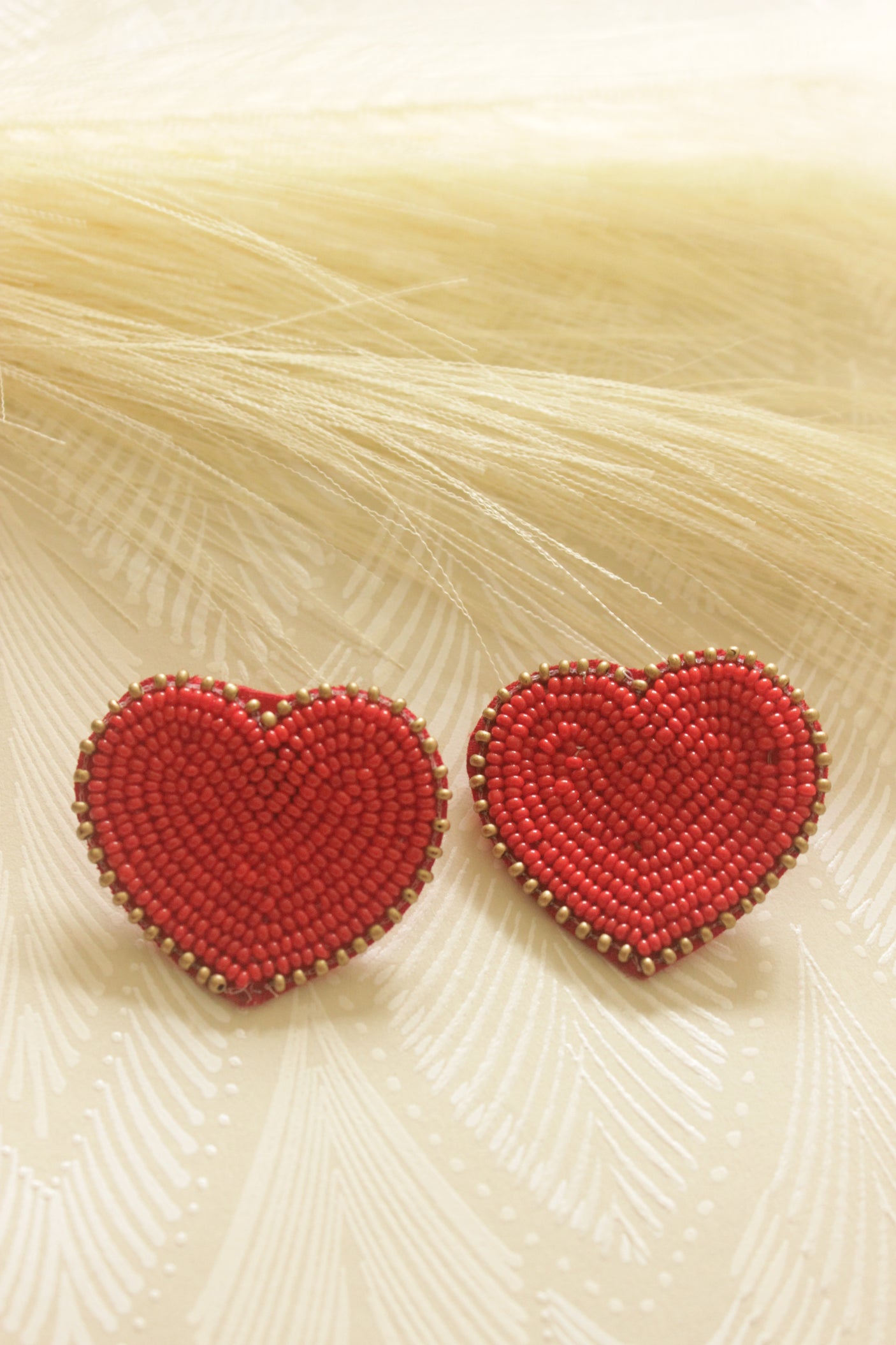 Red and Gold Hand Beaded Heart Earrings