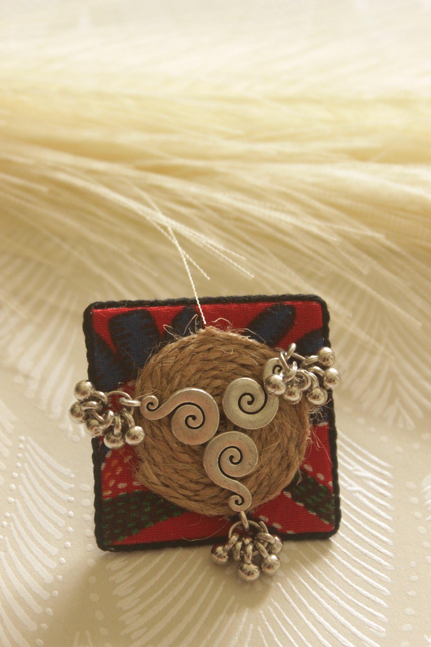 Handcrafted Red Block Printed Fabric and Jute Statement Adjustable Ring
