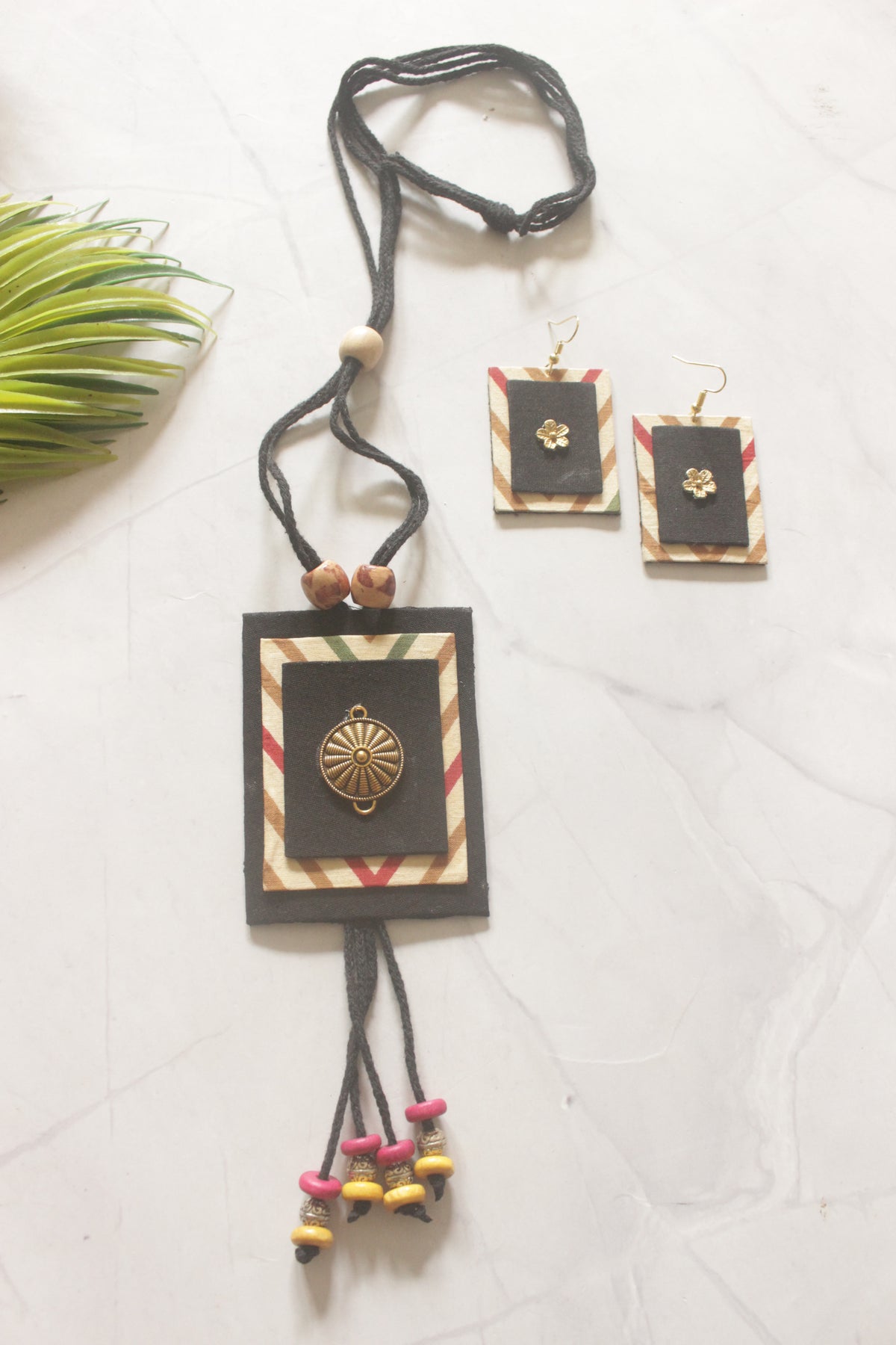 Fabric Hand Painted Necklace Set with Metal Charms and Adjustable Closure