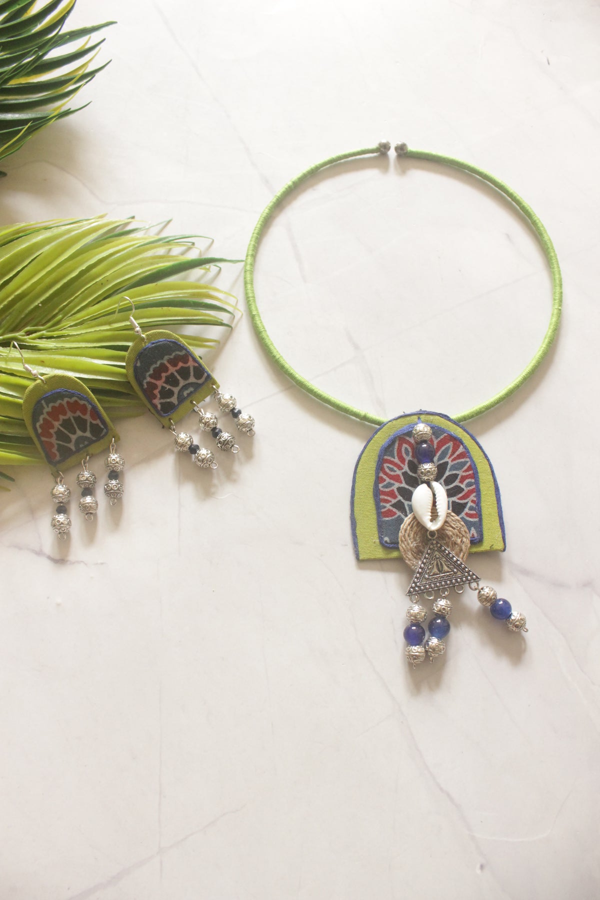 Shades of Green and Blue Hand Painted Fabric Choker Necklace Set